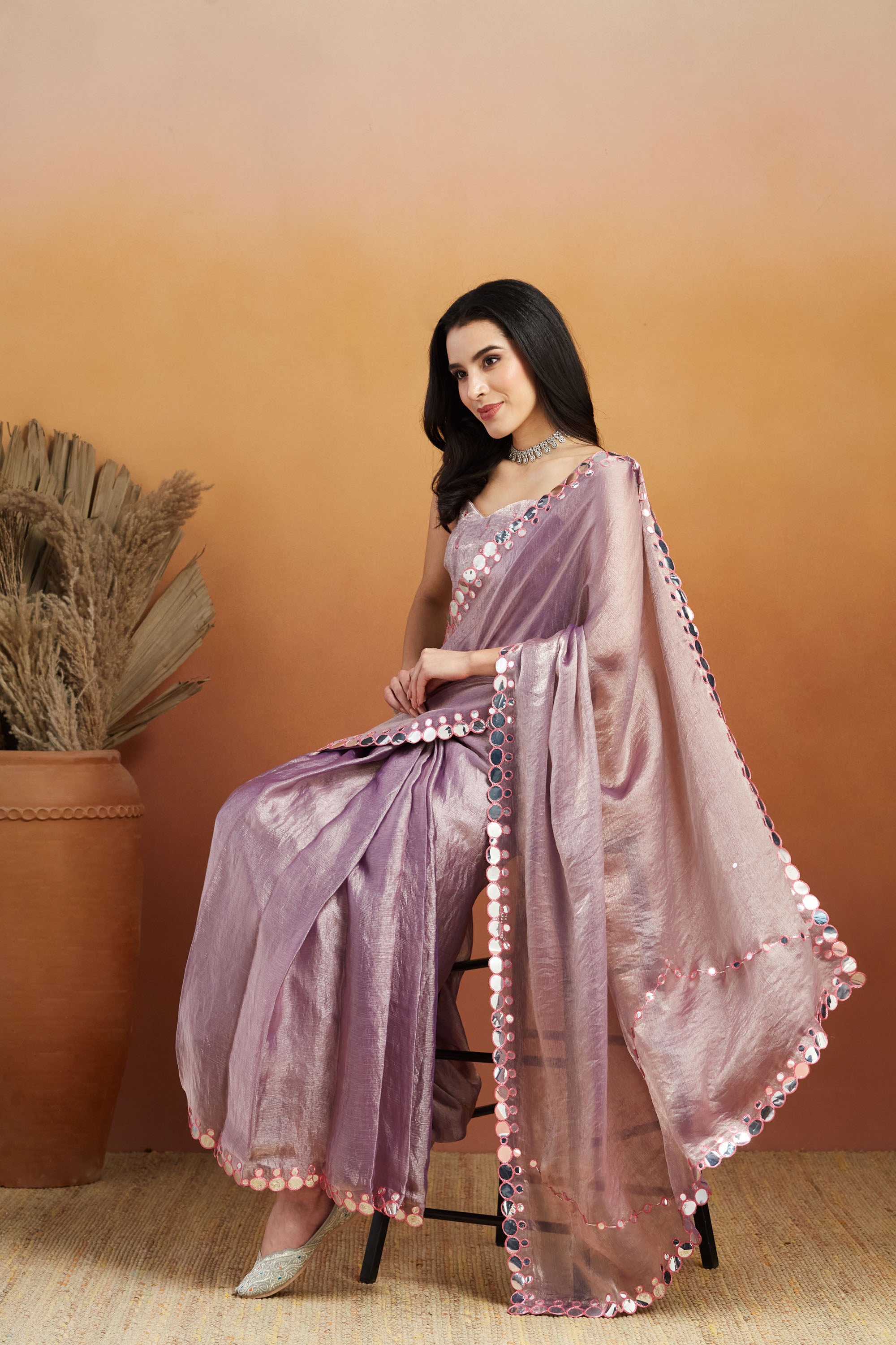 Aari Embroidery Mirror Work Purple Glass Tissue  Saree