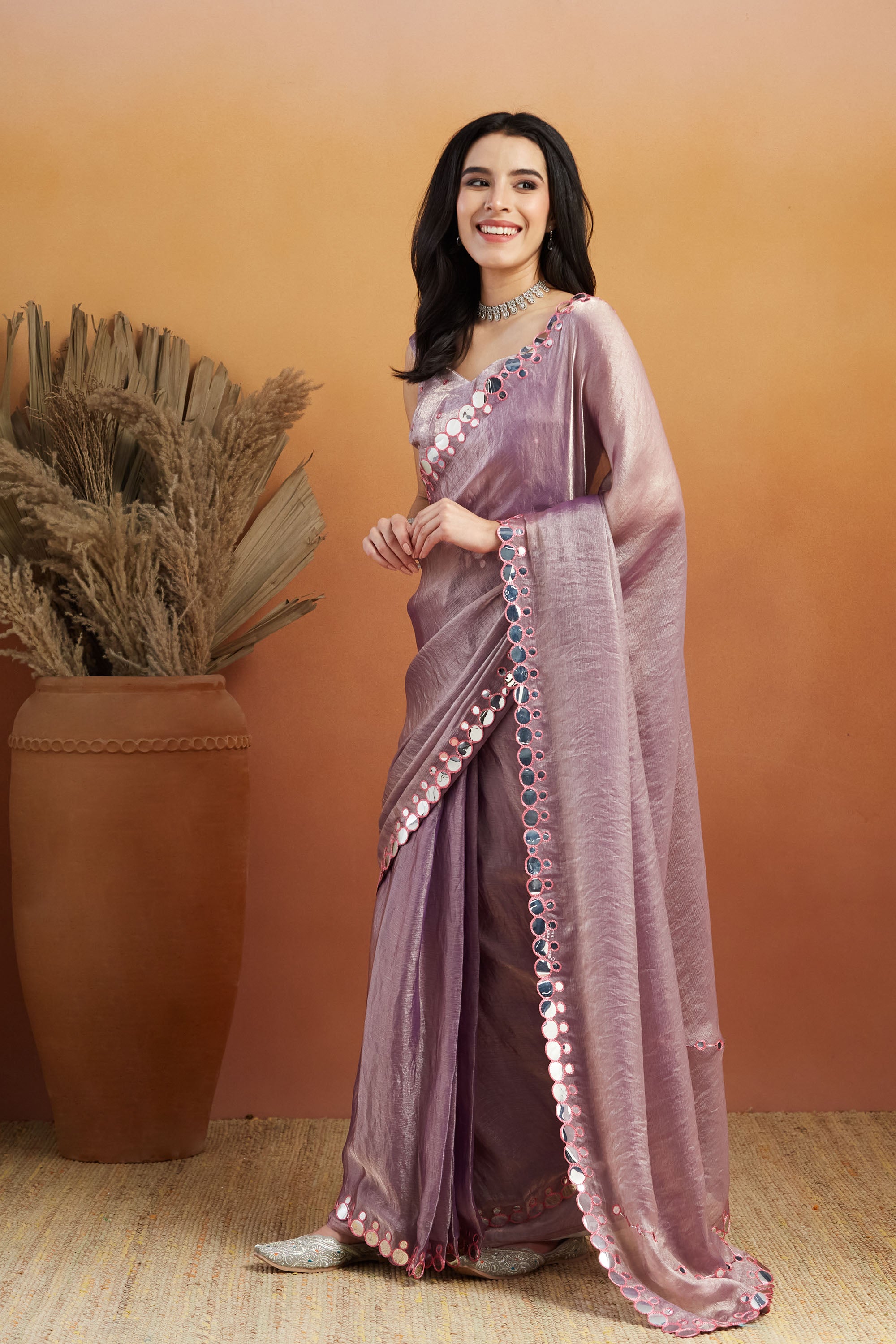 Aari Embroidery Mirror Work Purple Glass Tissue  Saree