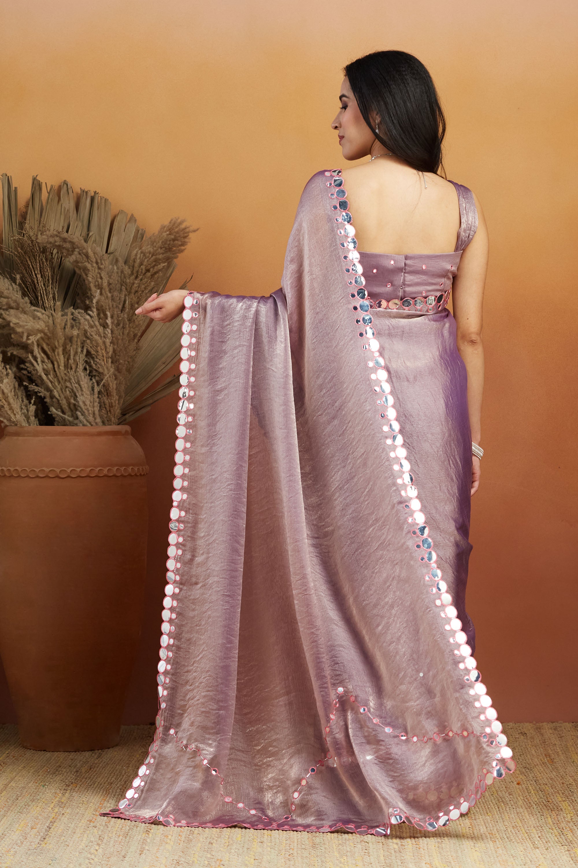 Aari Embroidery Mirror Work Purple Glass Tissue  Saree