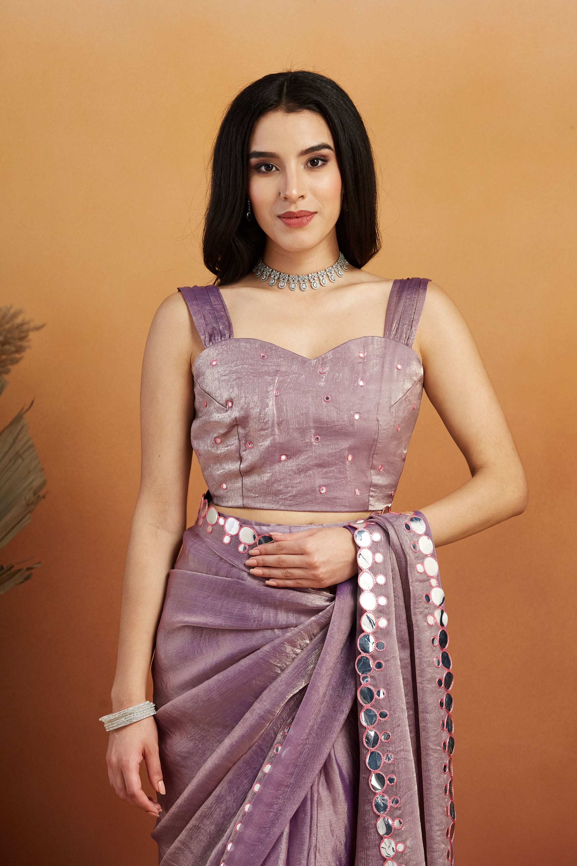 Aari Embroidery Mirror Work Purple Glass Tissue  Saree