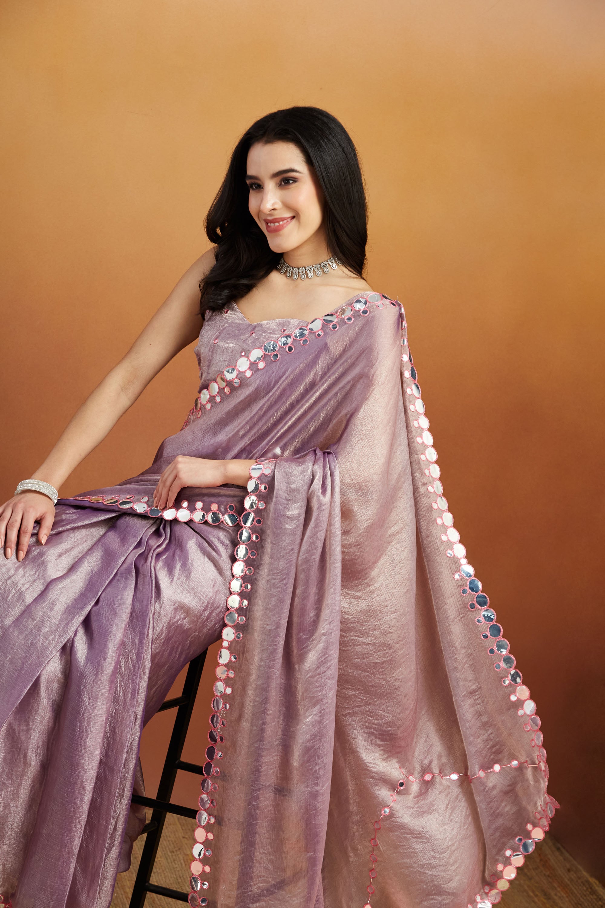 Aari Embroidery Mirror Work Purple Glass Tissue  Saree