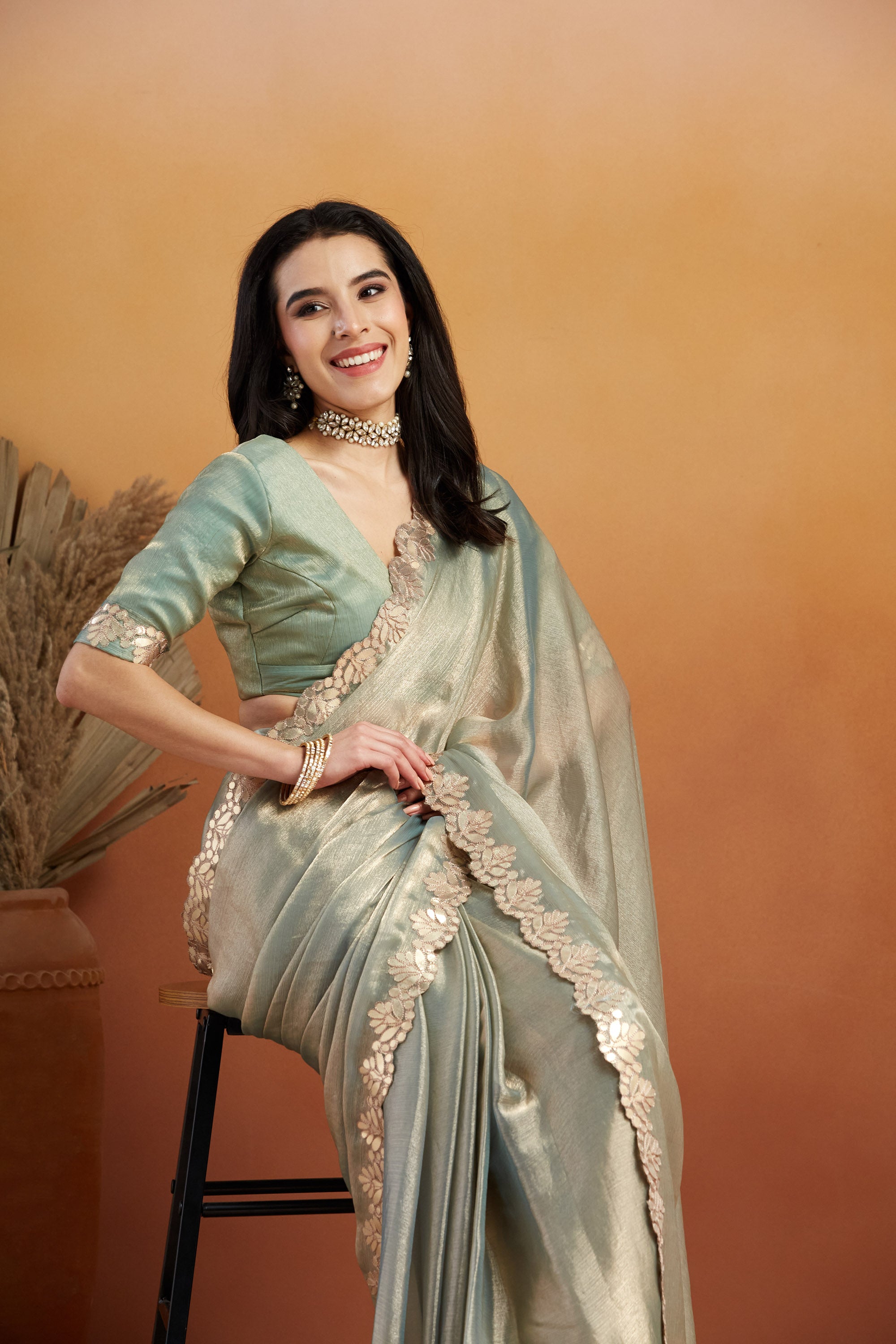 Gotta Pati Lace Work Satin Tissue Silk  Saree