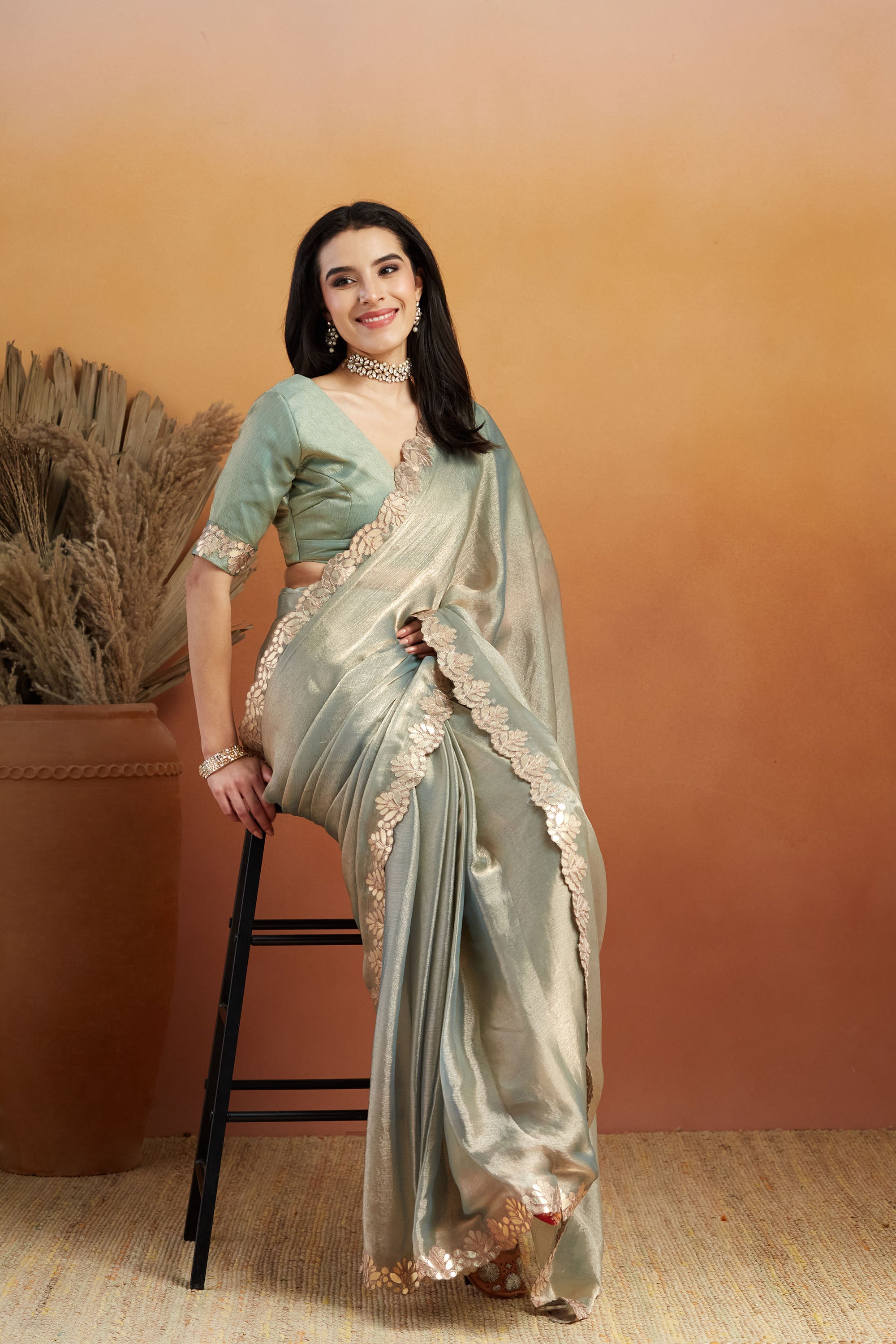 Gotta Pati Lace Work Satin Tissue Silk  Saree