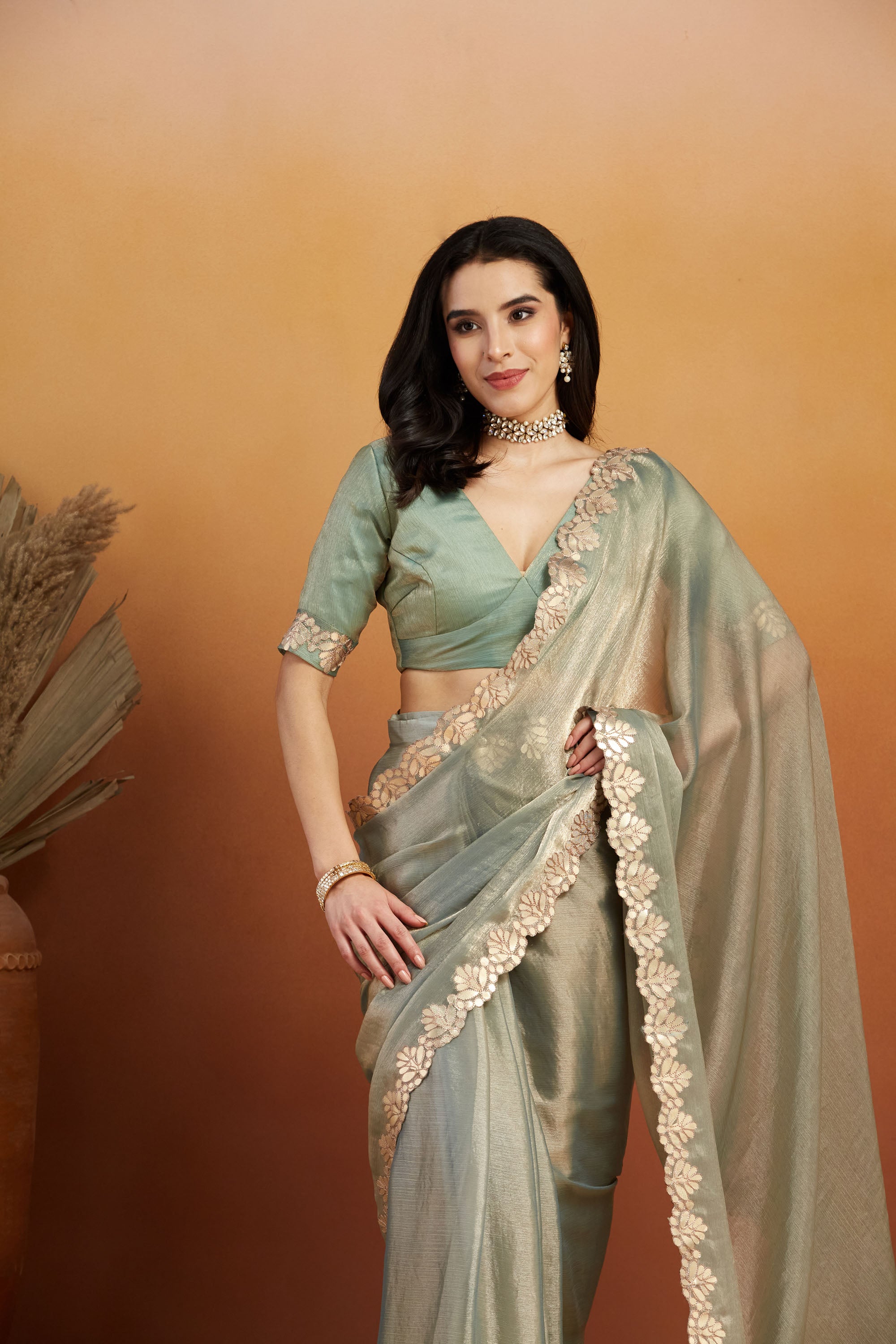 Gotta Pati Lace Work Satin Tissue Silk  Saree