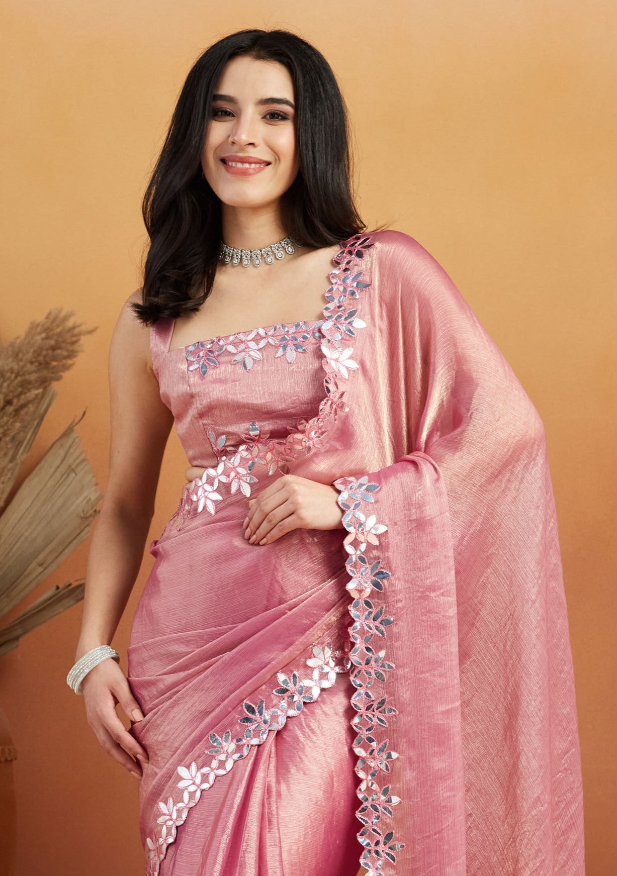Gota Pati Lace Work Pink Glass Tissue  Saree