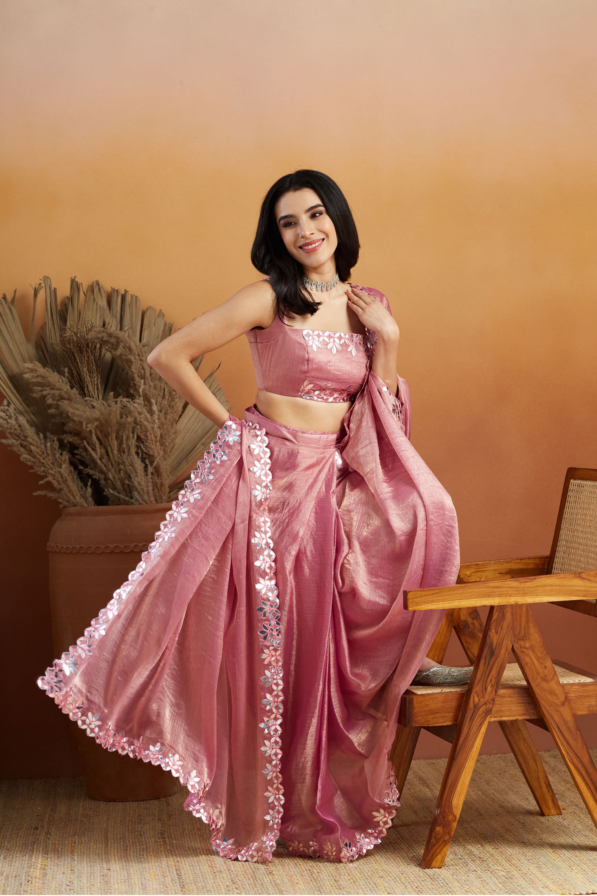 Gota Pati Lace Work Pink Glass Tissue  Saree