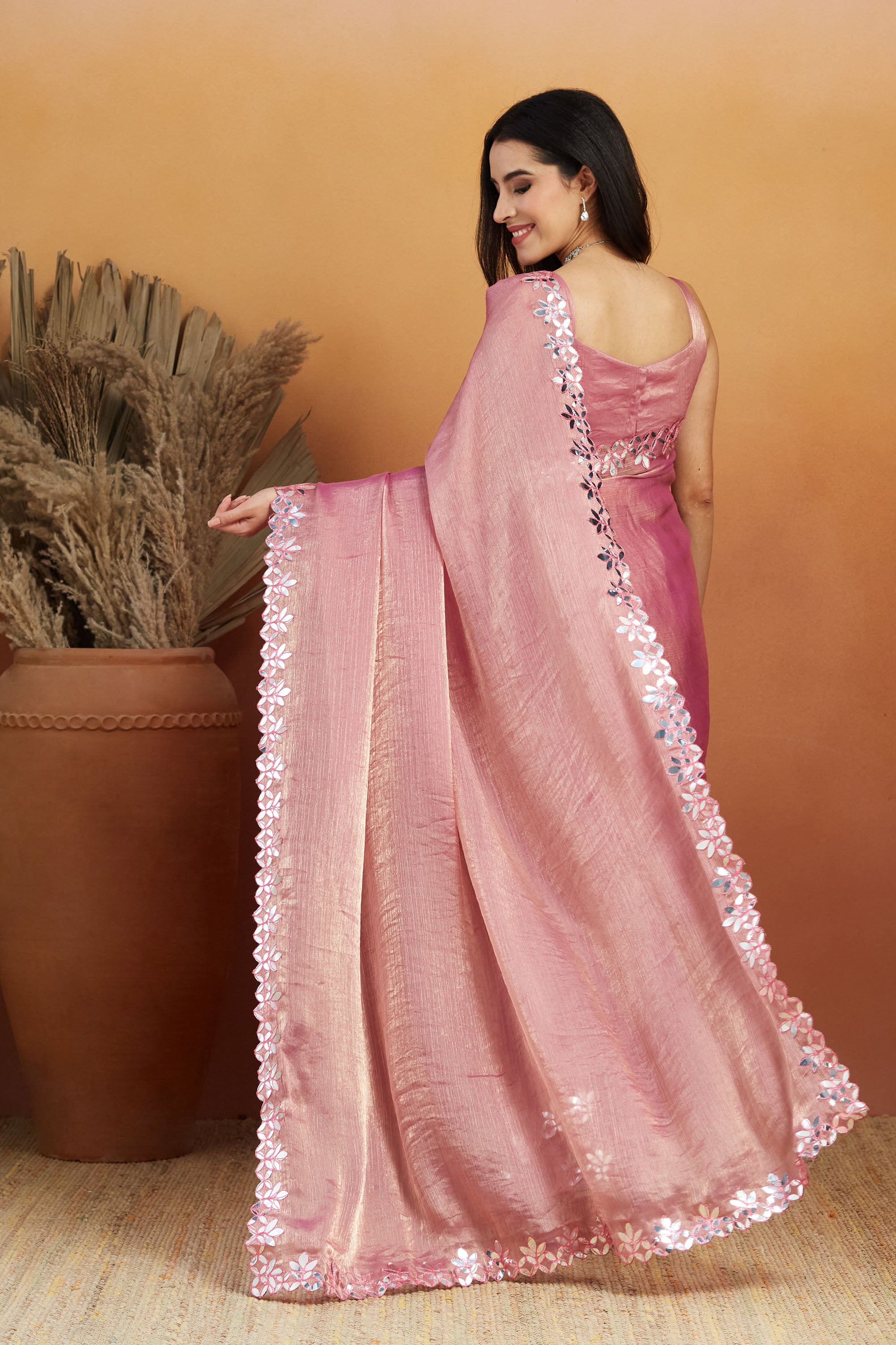 Gota Pati Lace Work Pink Glass Tissue  Saree