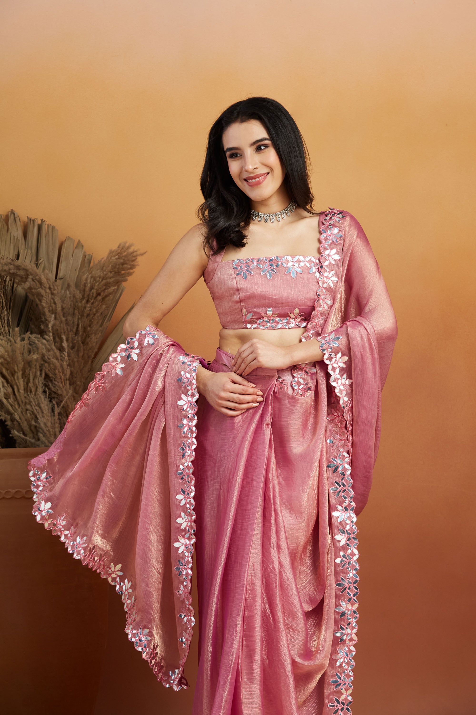 Gota Pati Lace Work Pink Glass Tissue  Saree
