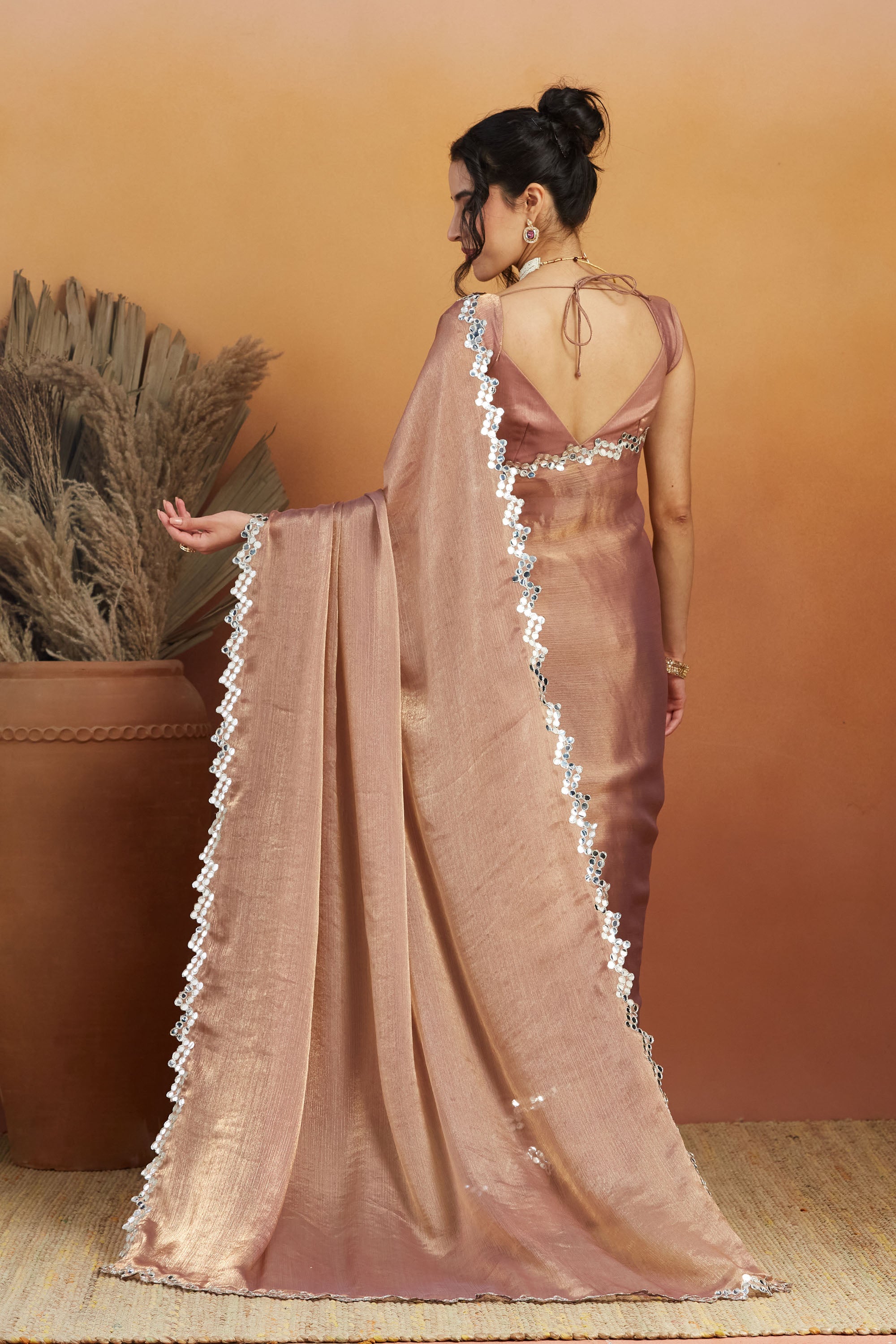 Ari Mirror Cut Work Shiney Silver Chiffon  Saree