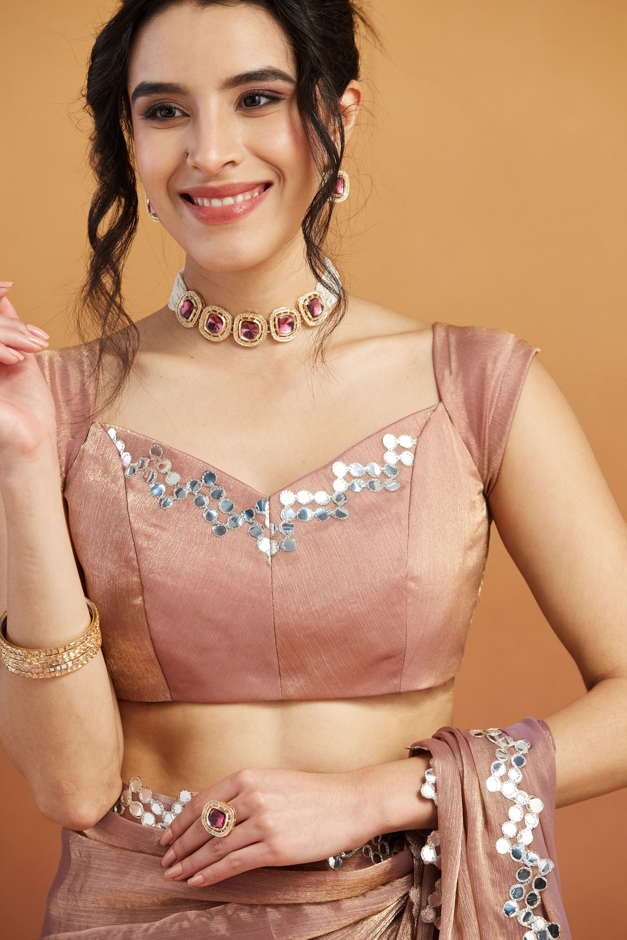 Ari Mirror Cut Work Shiney Silver Chiffon  Saree