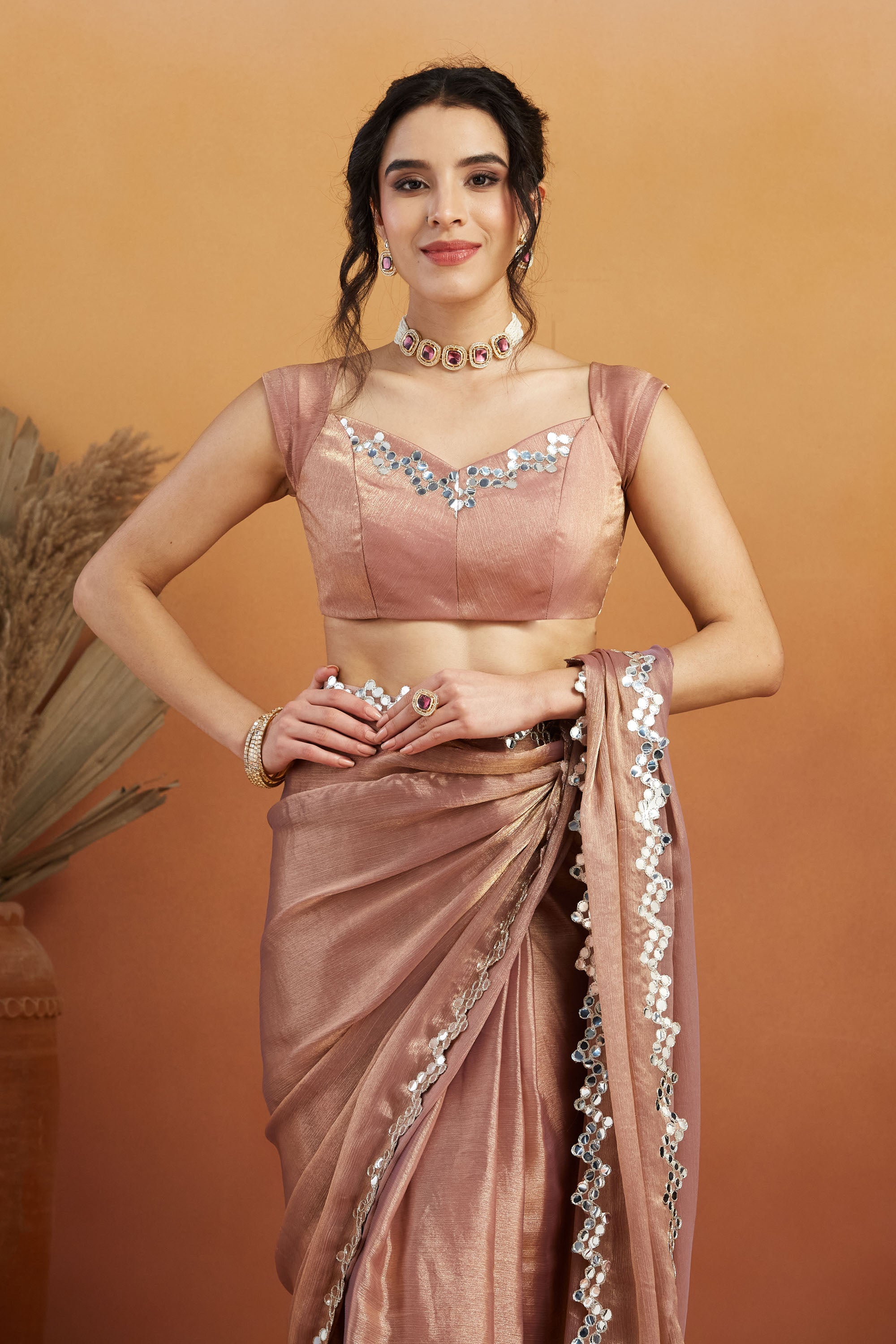 Ari Mirror Cut Work Shiney Silver Chiffon  Saree