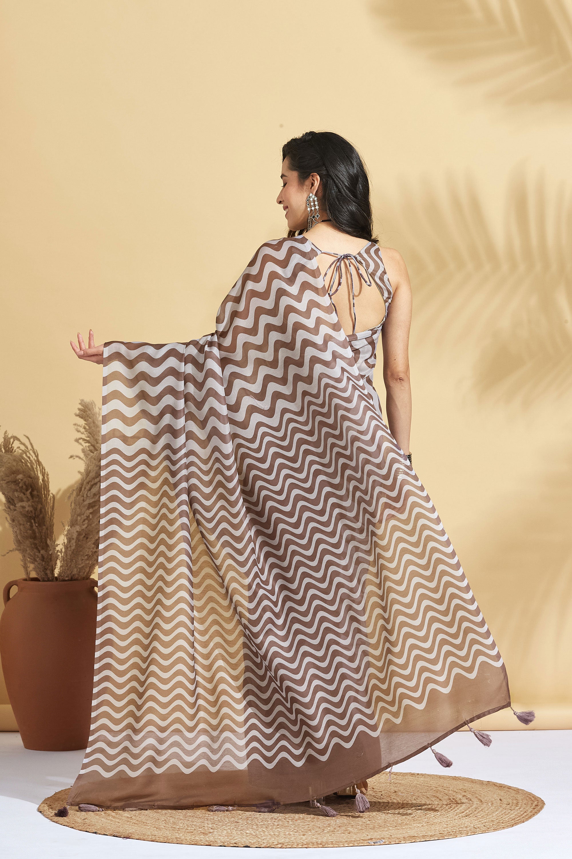 Digital Chevron Wave Prints Soft Cotton Ready to Wear Saree