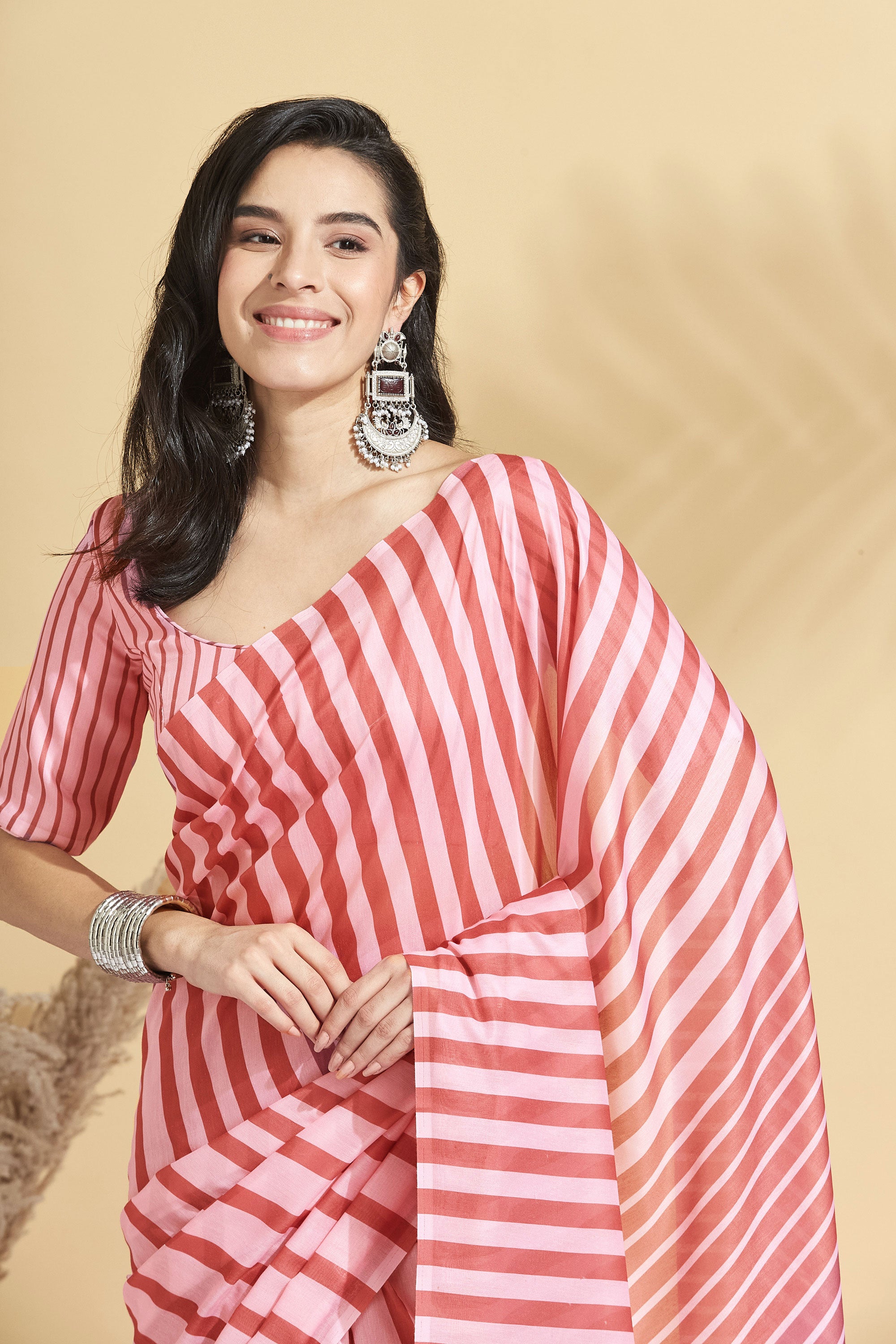 Digital Blush Stripes Prints Soft Cotton Ready to Wear Saree
