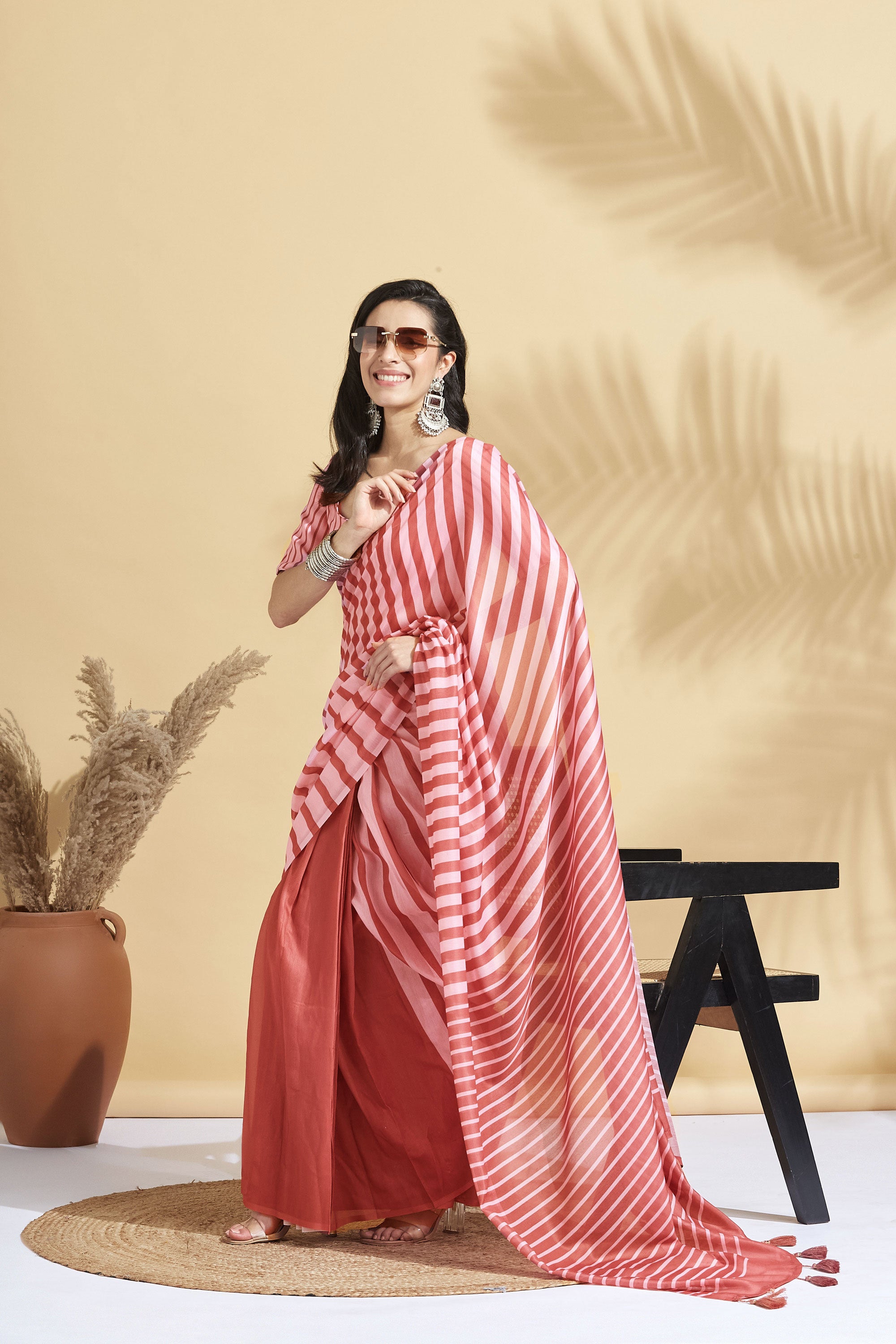 Digital Blush Stripes Prints Soft Cotton Ready to Wear Saree