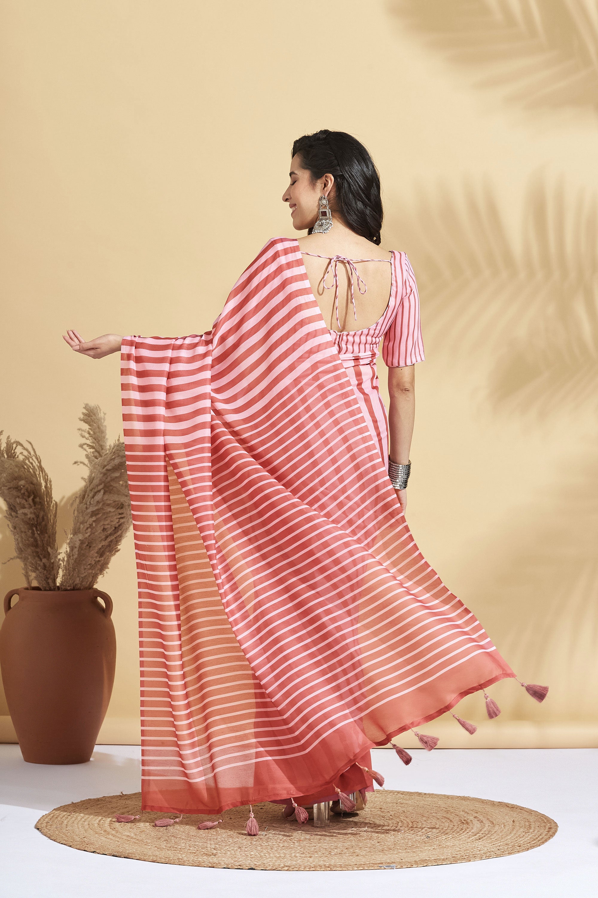 Digital Blush Stripes Prints Soft Cotton Ready to Wear Saree