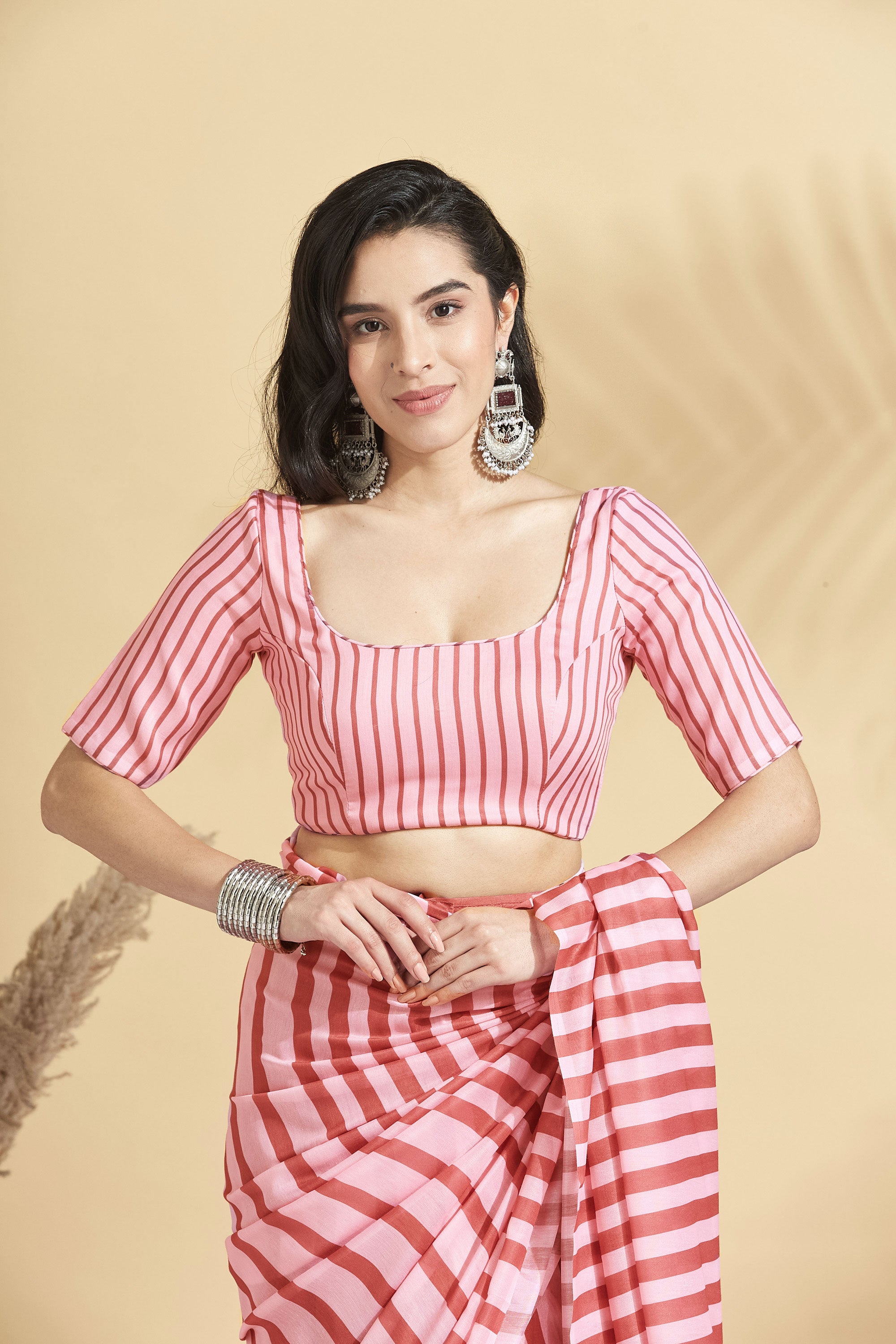 Digital Blush Stripes Prints Soft Cotton Ready to Wear Saree