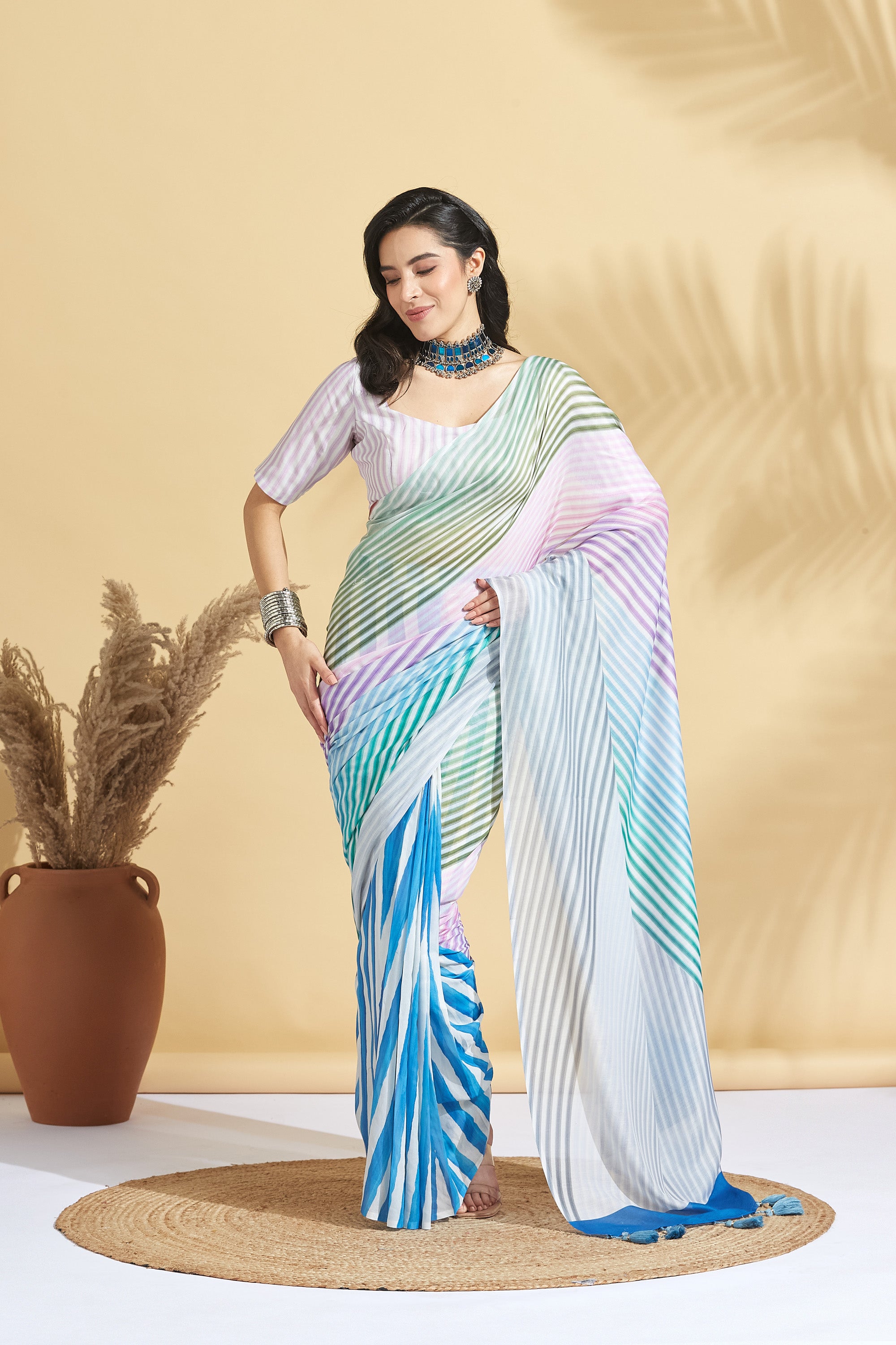 Digital Stripe Print White Soft Cotton  Saree