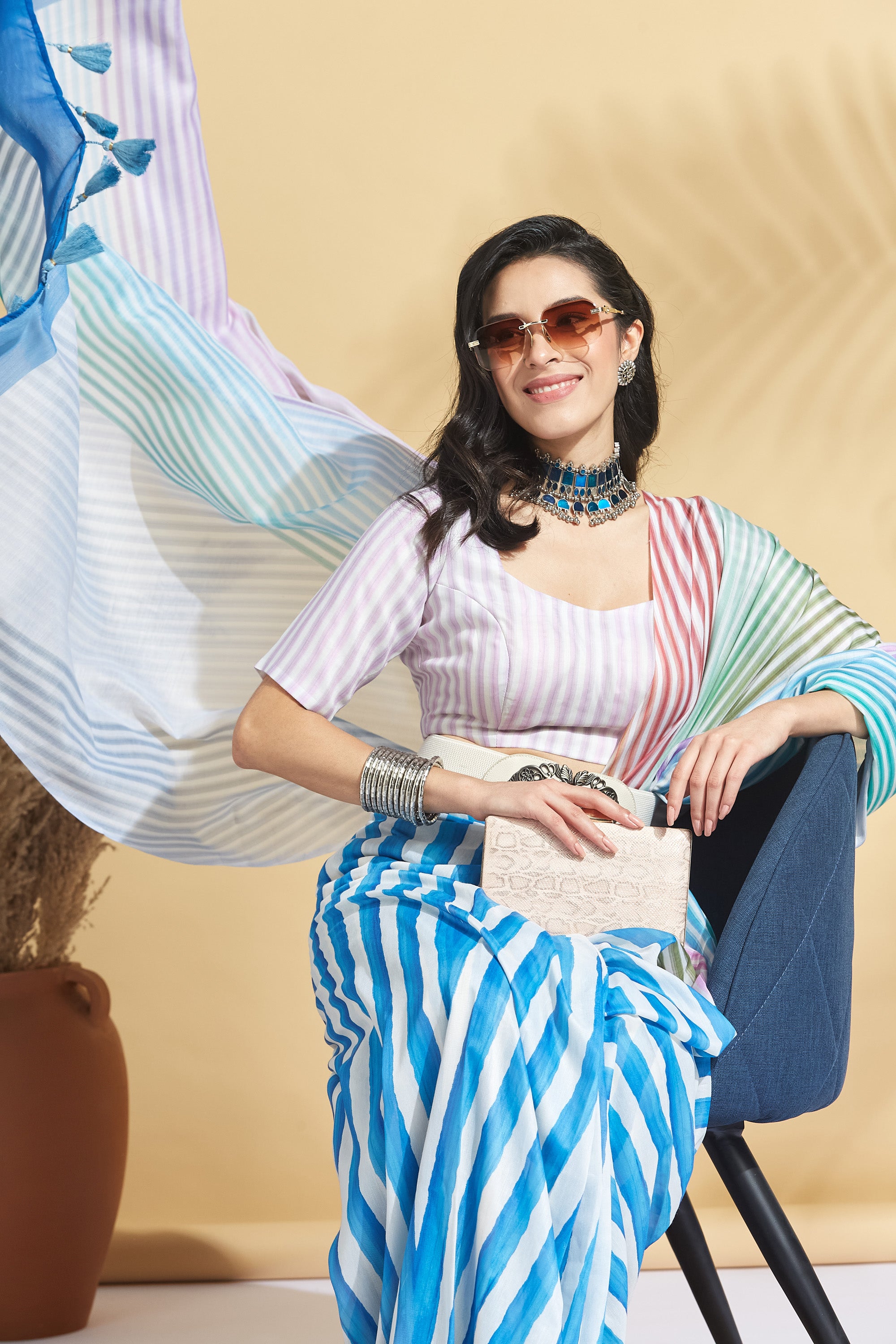 Digital Stripe Print White Soft Cotton Ready to Wear Saree