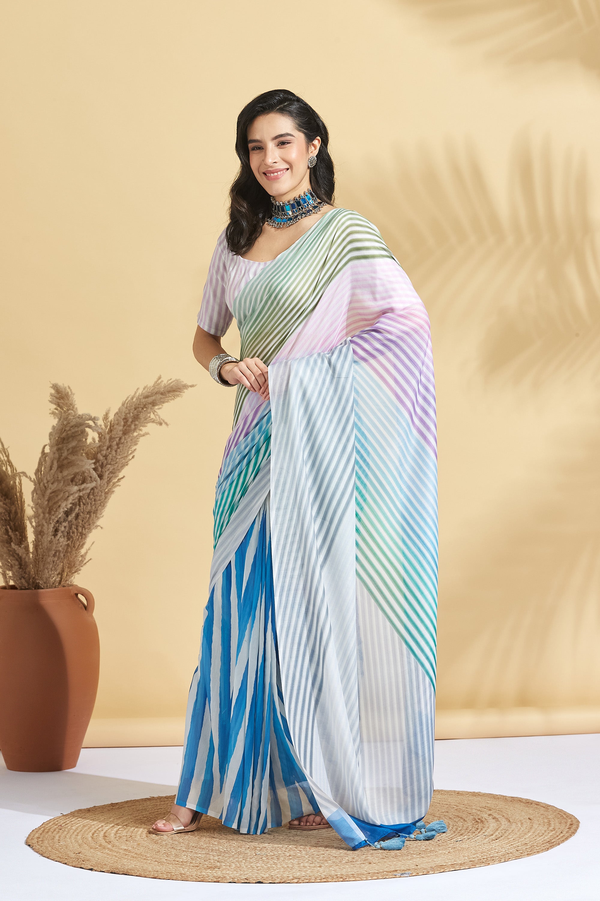 Digital Stripe Print White Soft Cotton  Saree