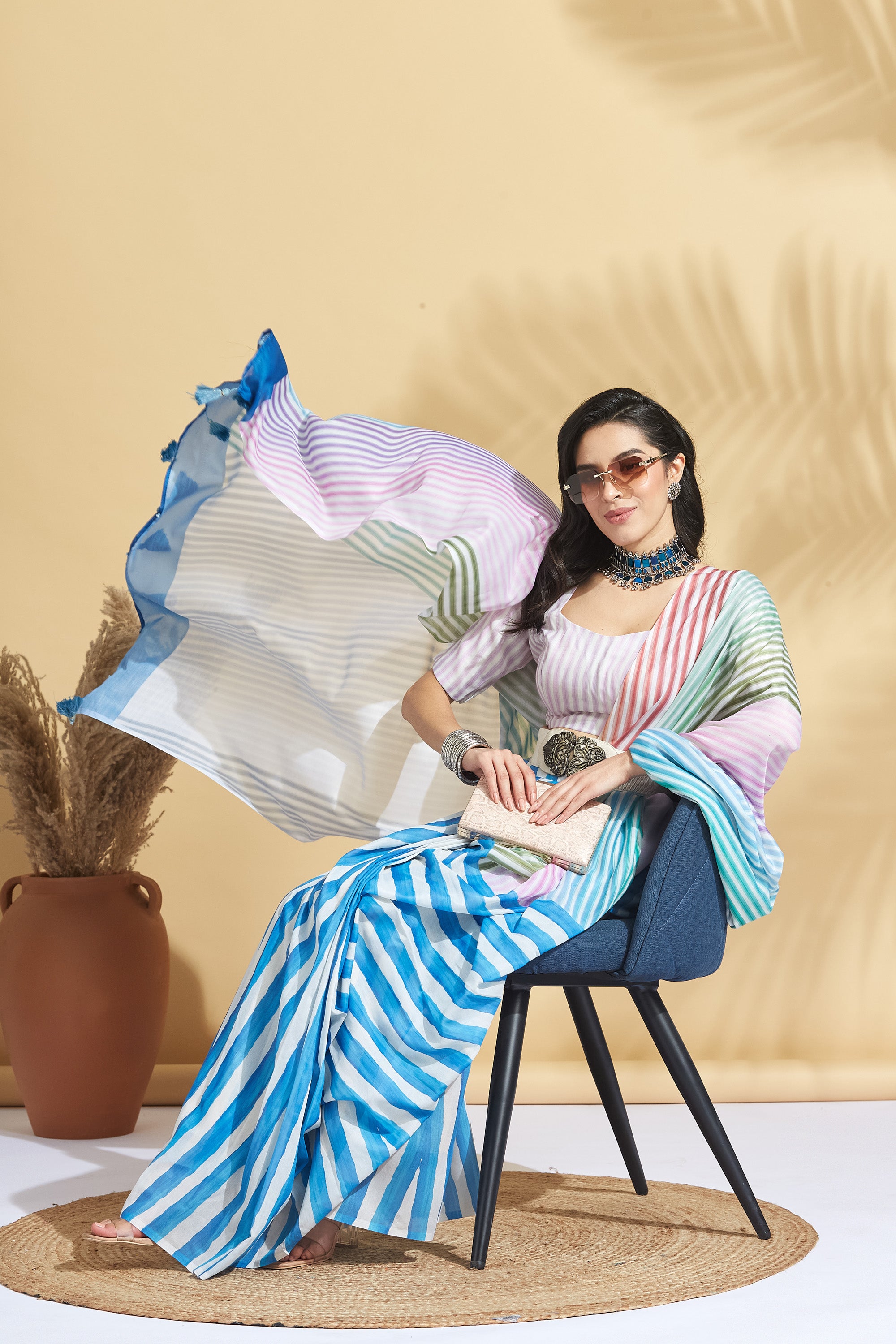 Digital Stripe Print White Soft Cotton Ready to Wear Saree
