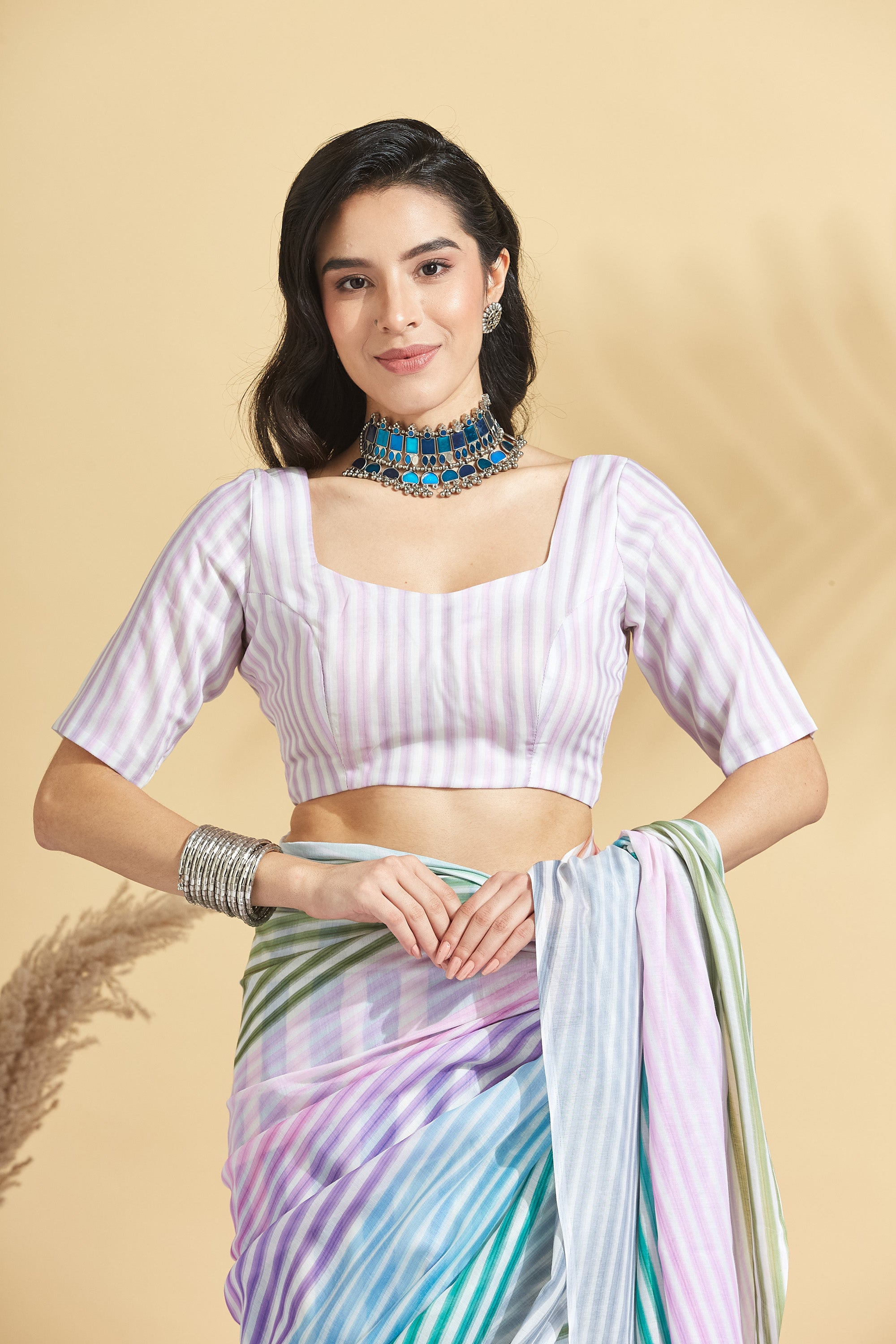 Digital Stripe Print White Soft Cotton Ready to Wear Saree