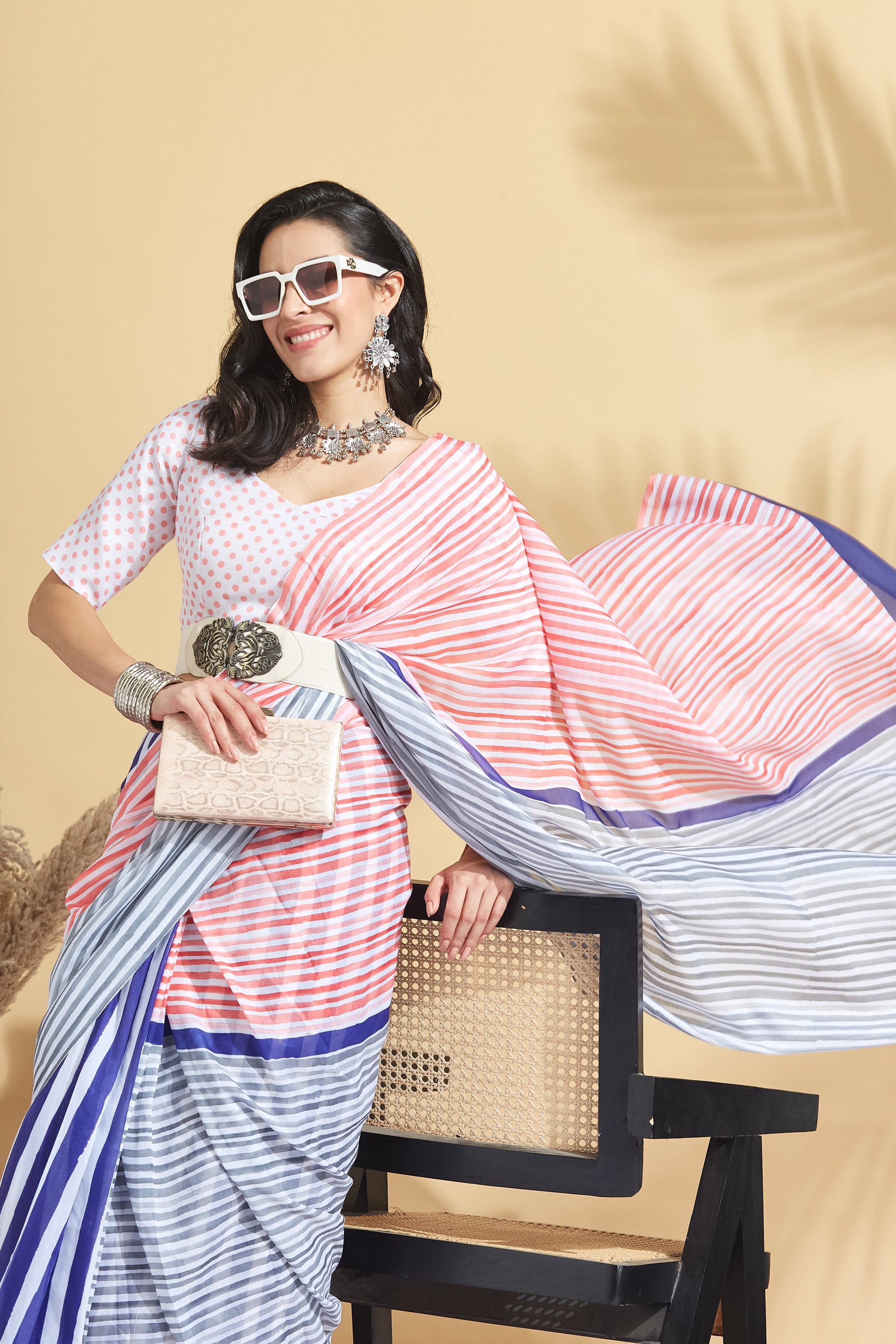 Digital Stripe Pastel Print Soft Cotton Ready to Wear Saree