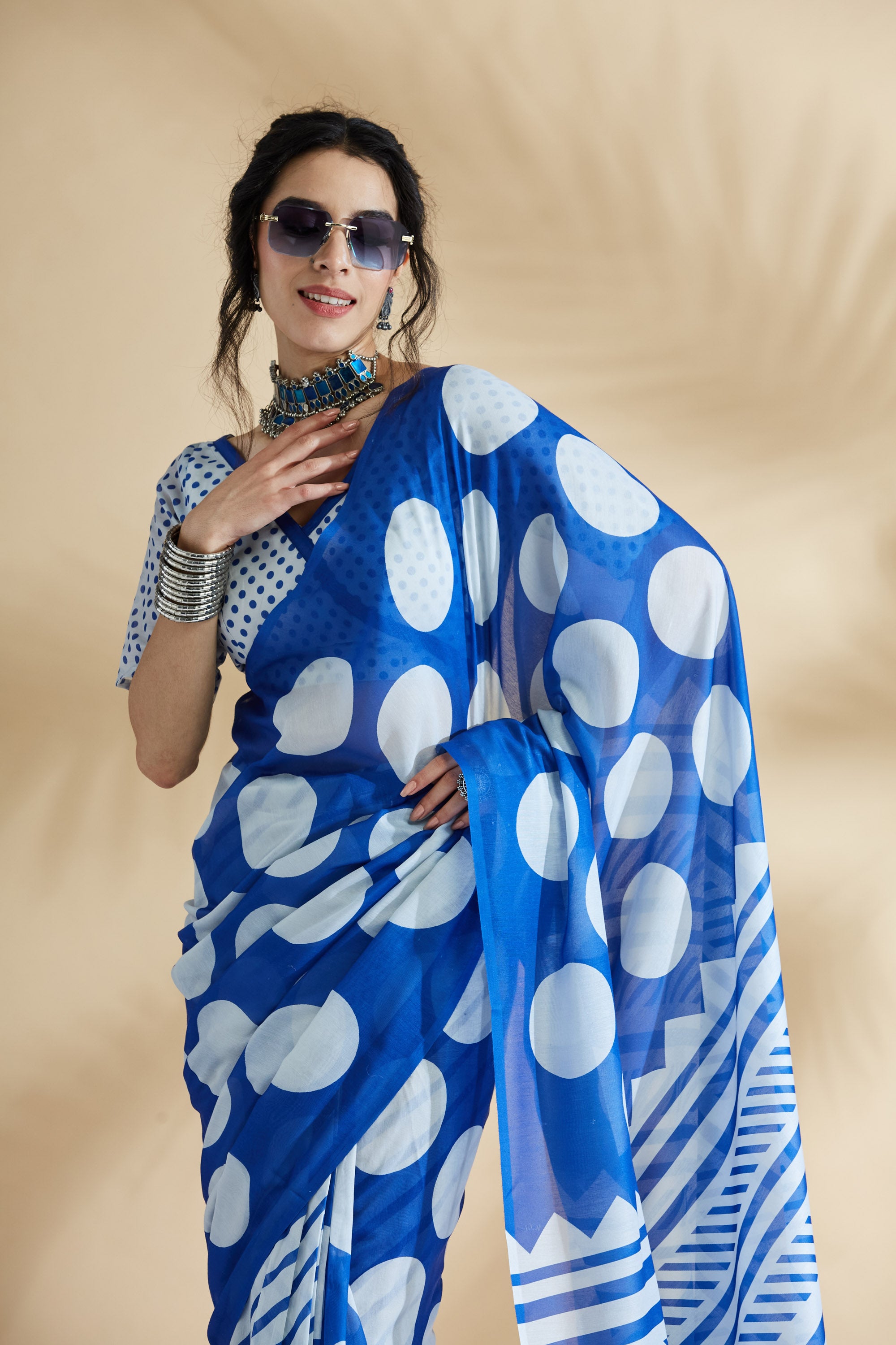 Digital Printed Tassels Work Mulmul Cotton Blue  Saree