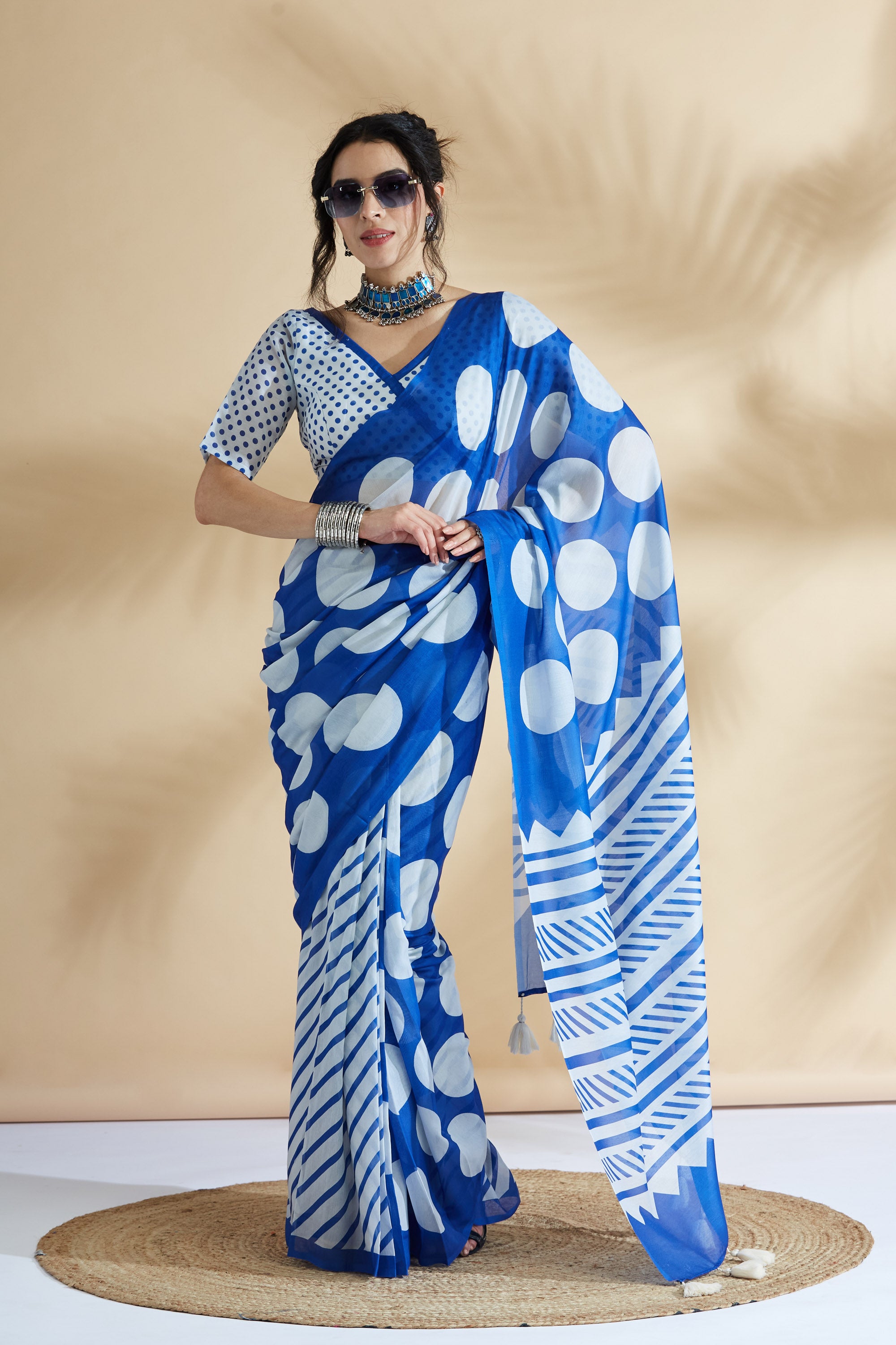 Digital Printed Tassels Work Mulmul Cotton Blue  Saree