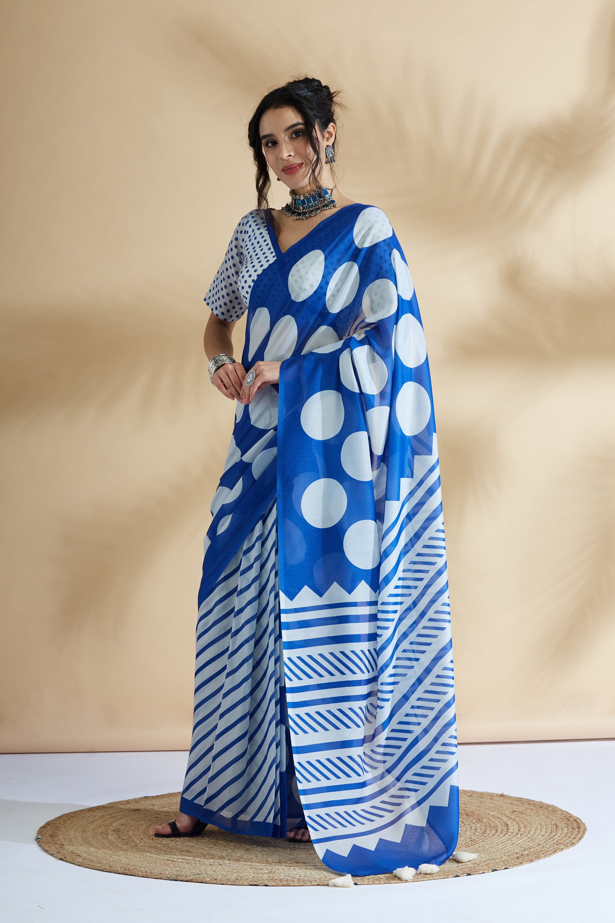 Digital Printed Tassels Work Mulmul Cotton Blue  Saree