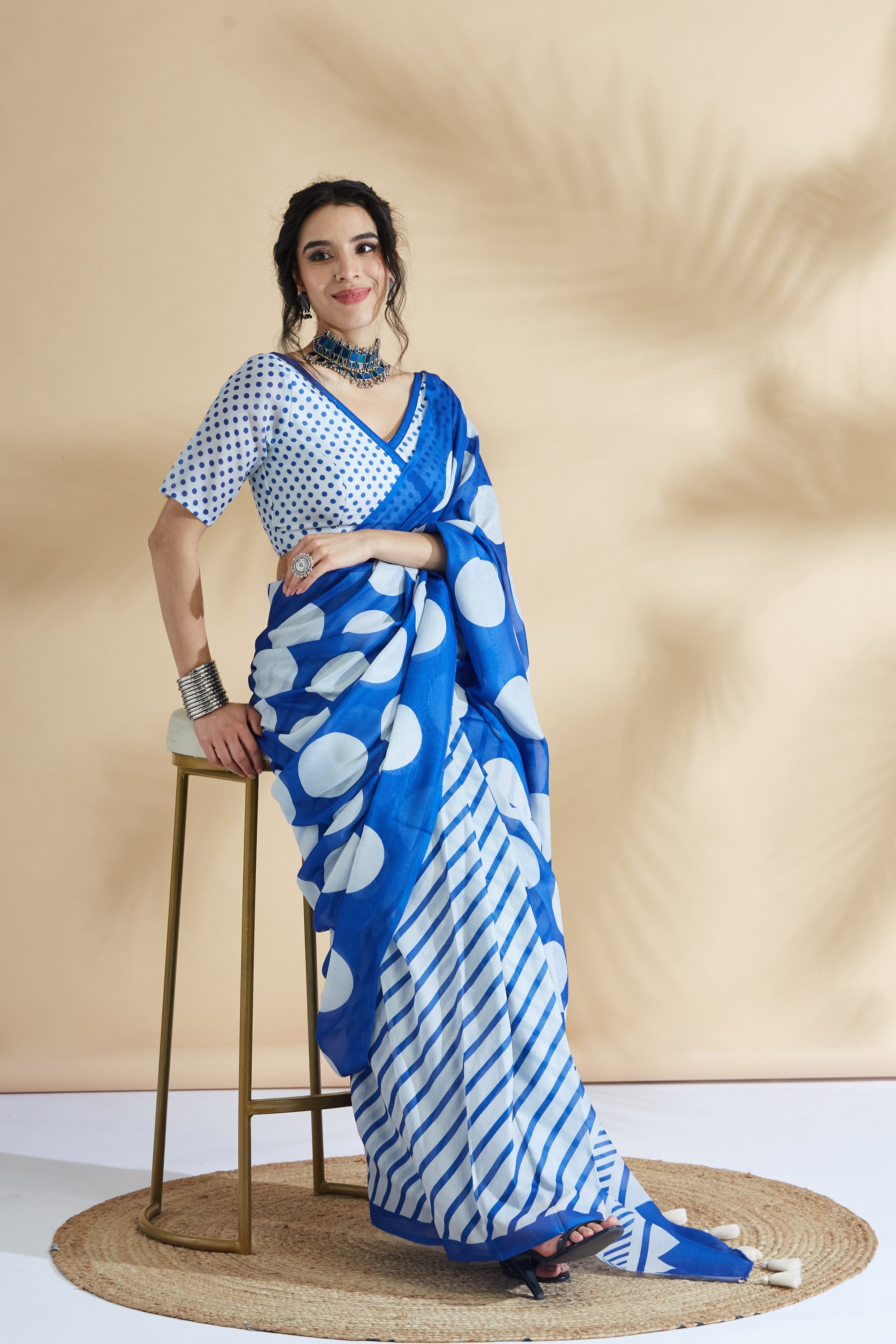 Digital Printed Tassels Work Mulmul Cotton Blue  Saree