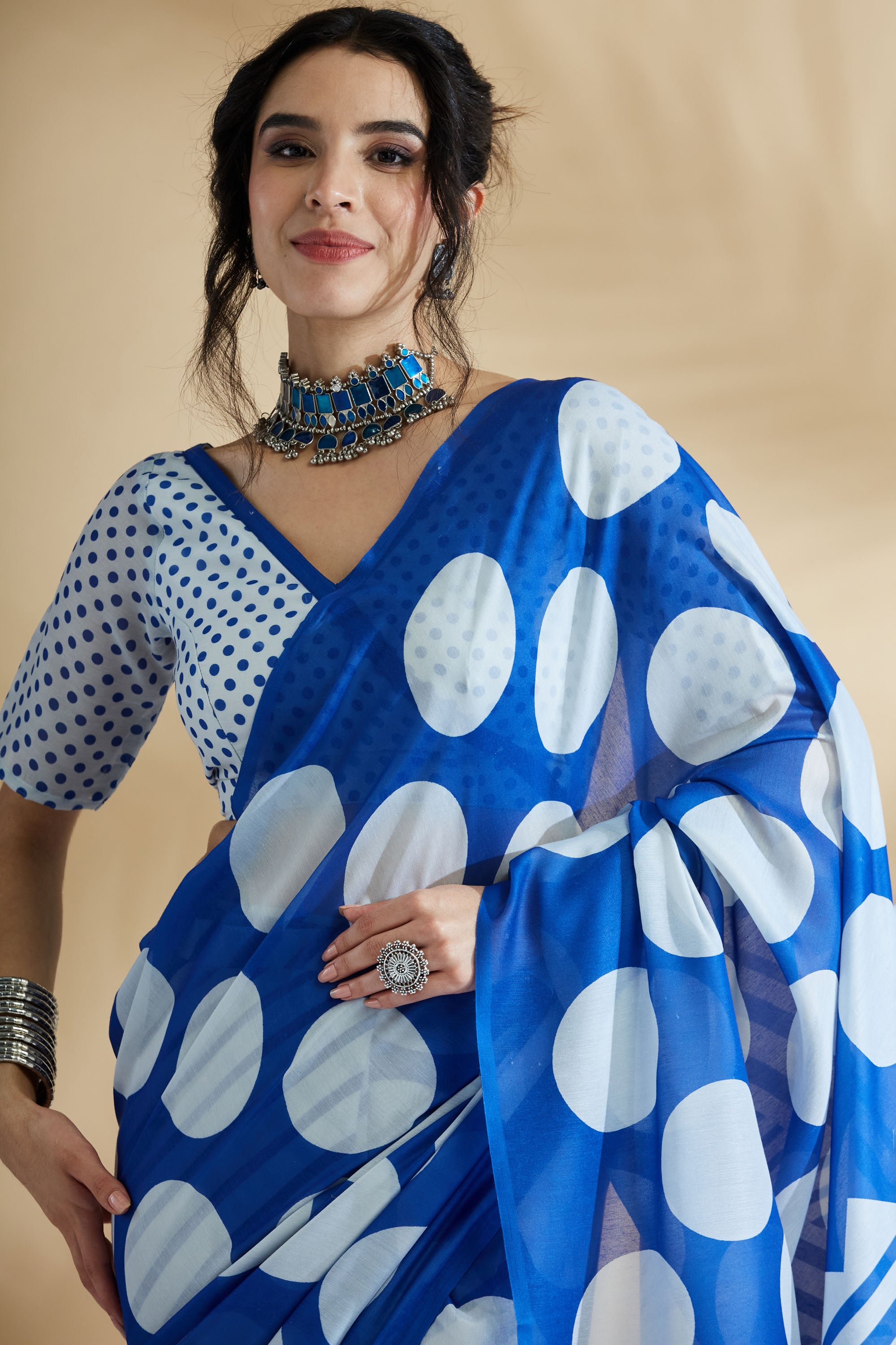 Digital Printed Tassels Work Mulmul Cotton Blue  Saree