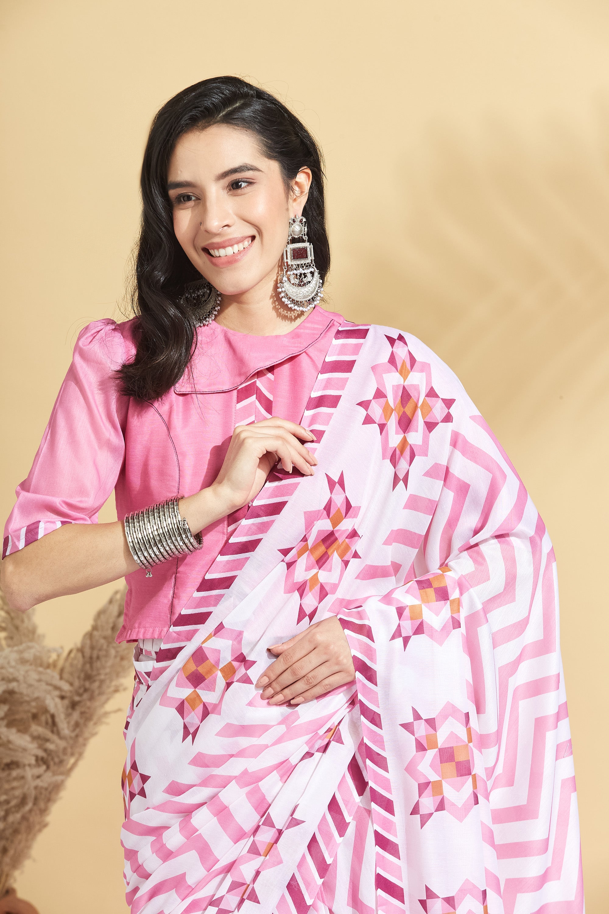 Digital Chevron Print Soft Art Cotton  Saree