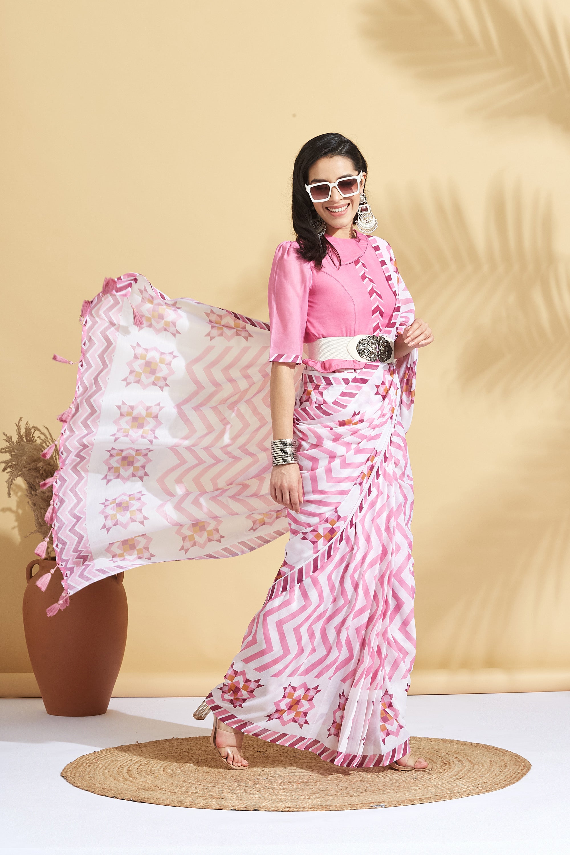 Digital Chevron Print Soft Art Cotton  Saree