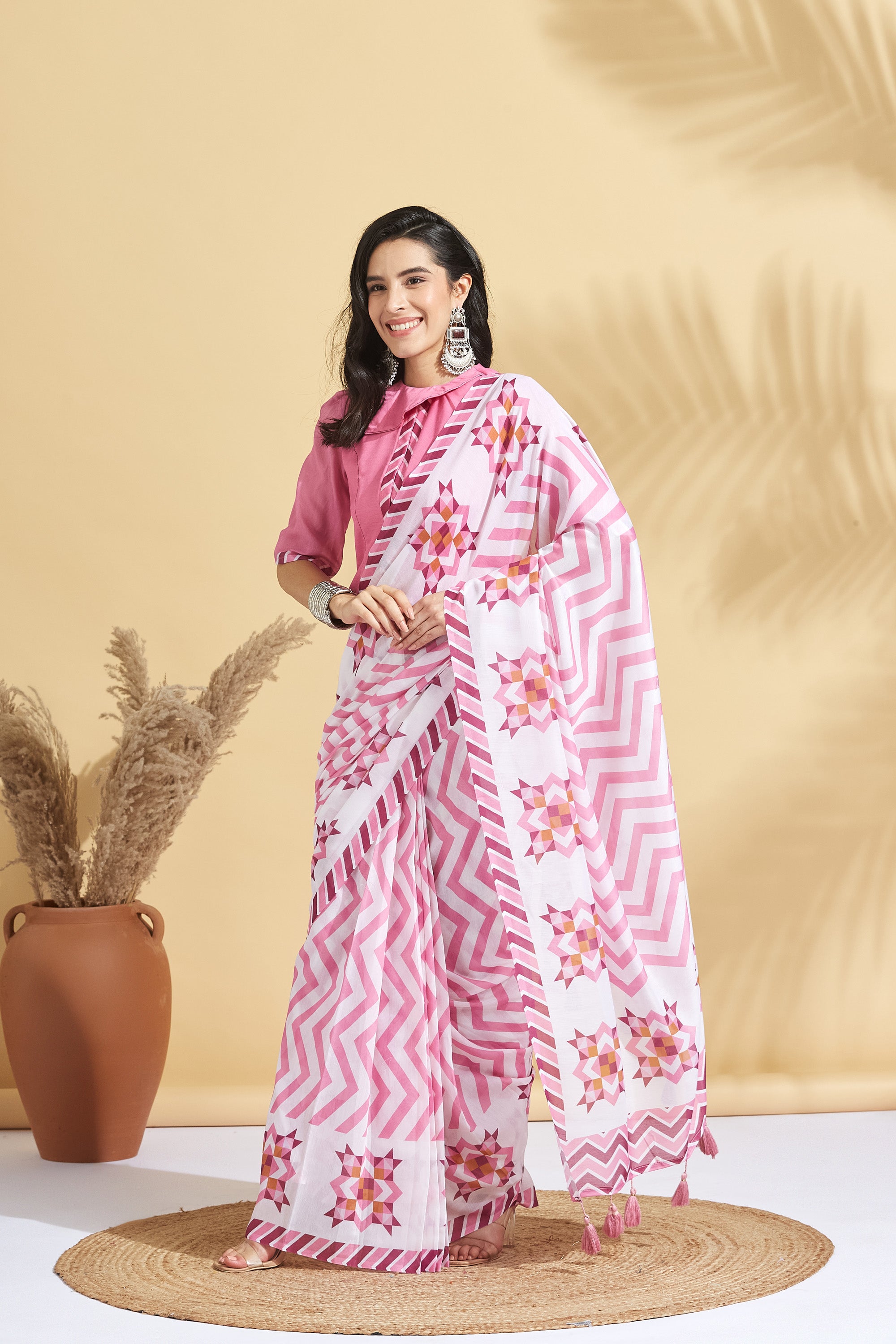 Digital Chevron Print Soft Art Cotton  Saree