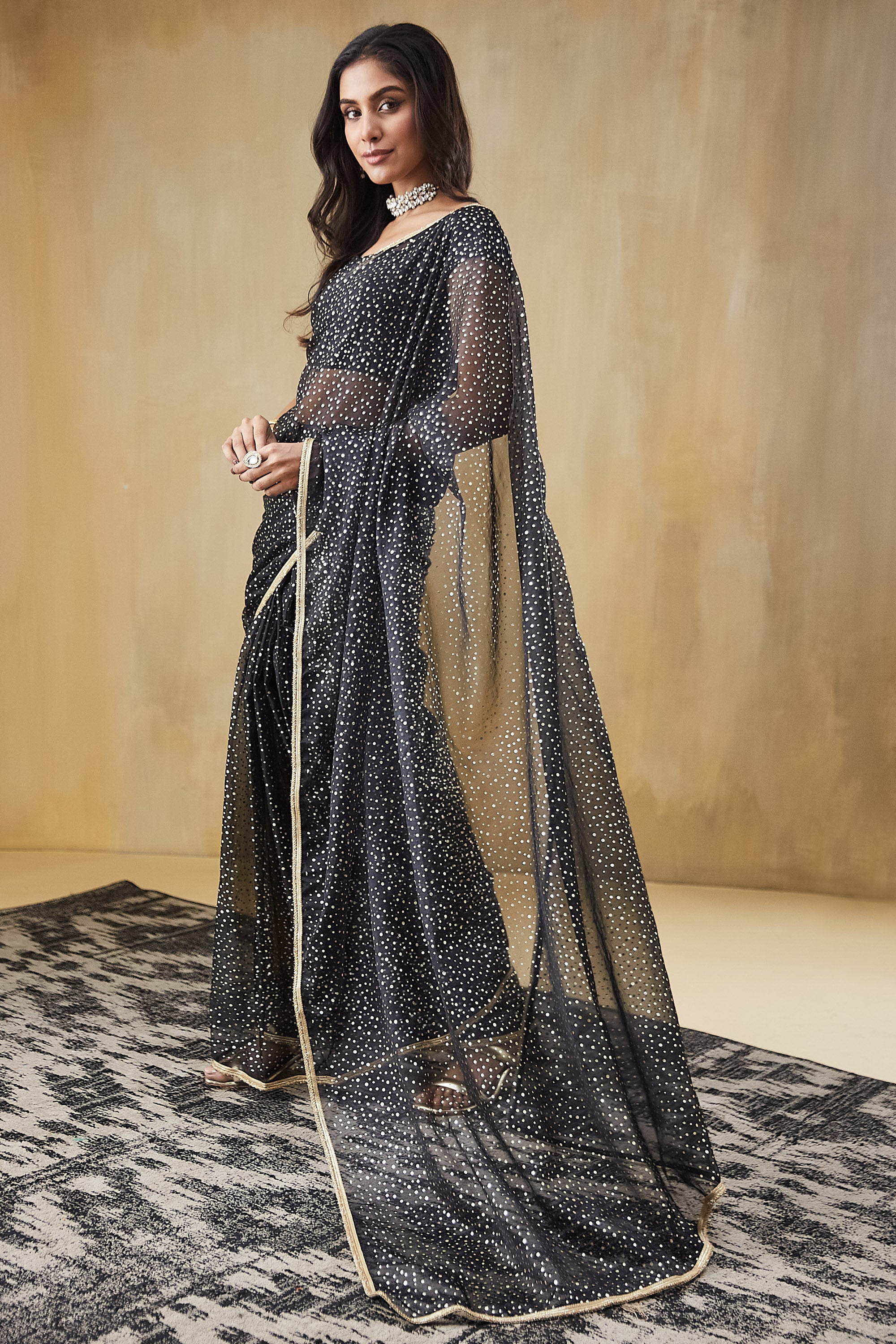 Pre-Draped Organza Polka Foil Saree
