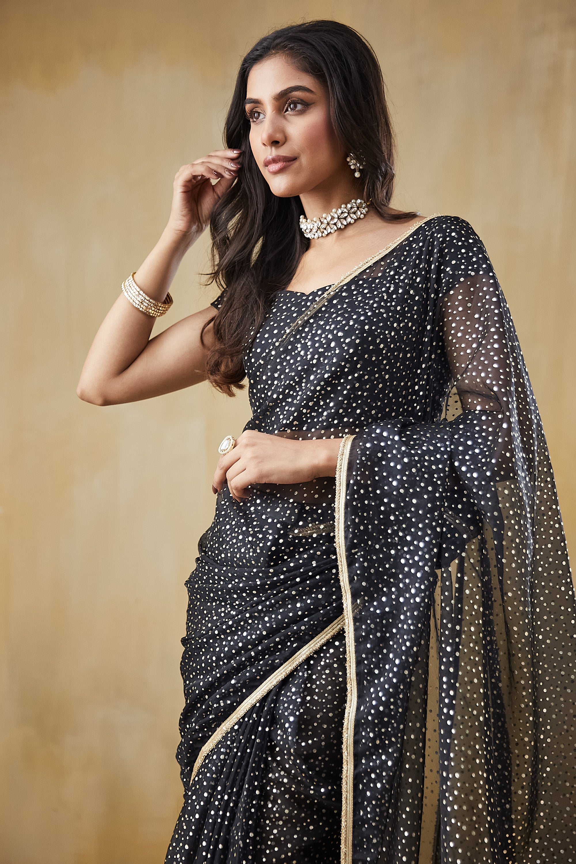 Pre-Draped Organza Polka Foil Saree