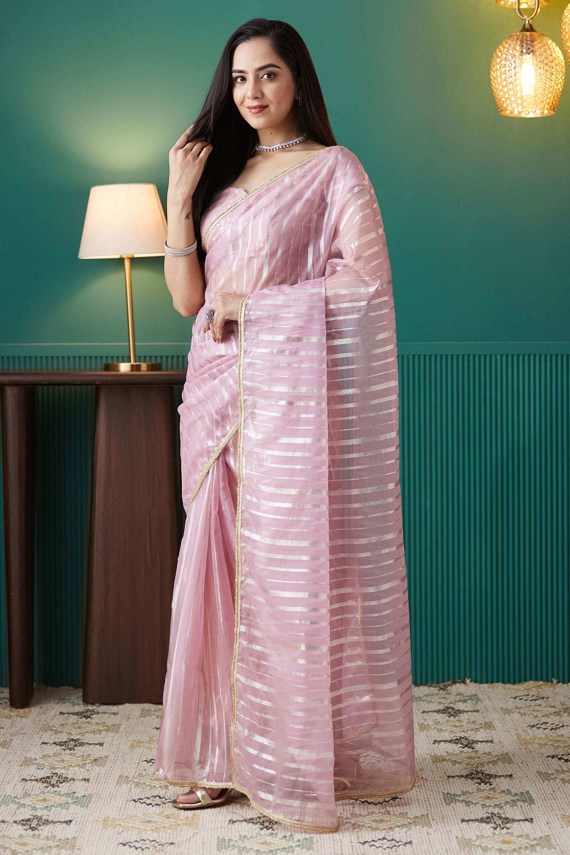 Organza Stripes Foil Print Ready To Wear Saree