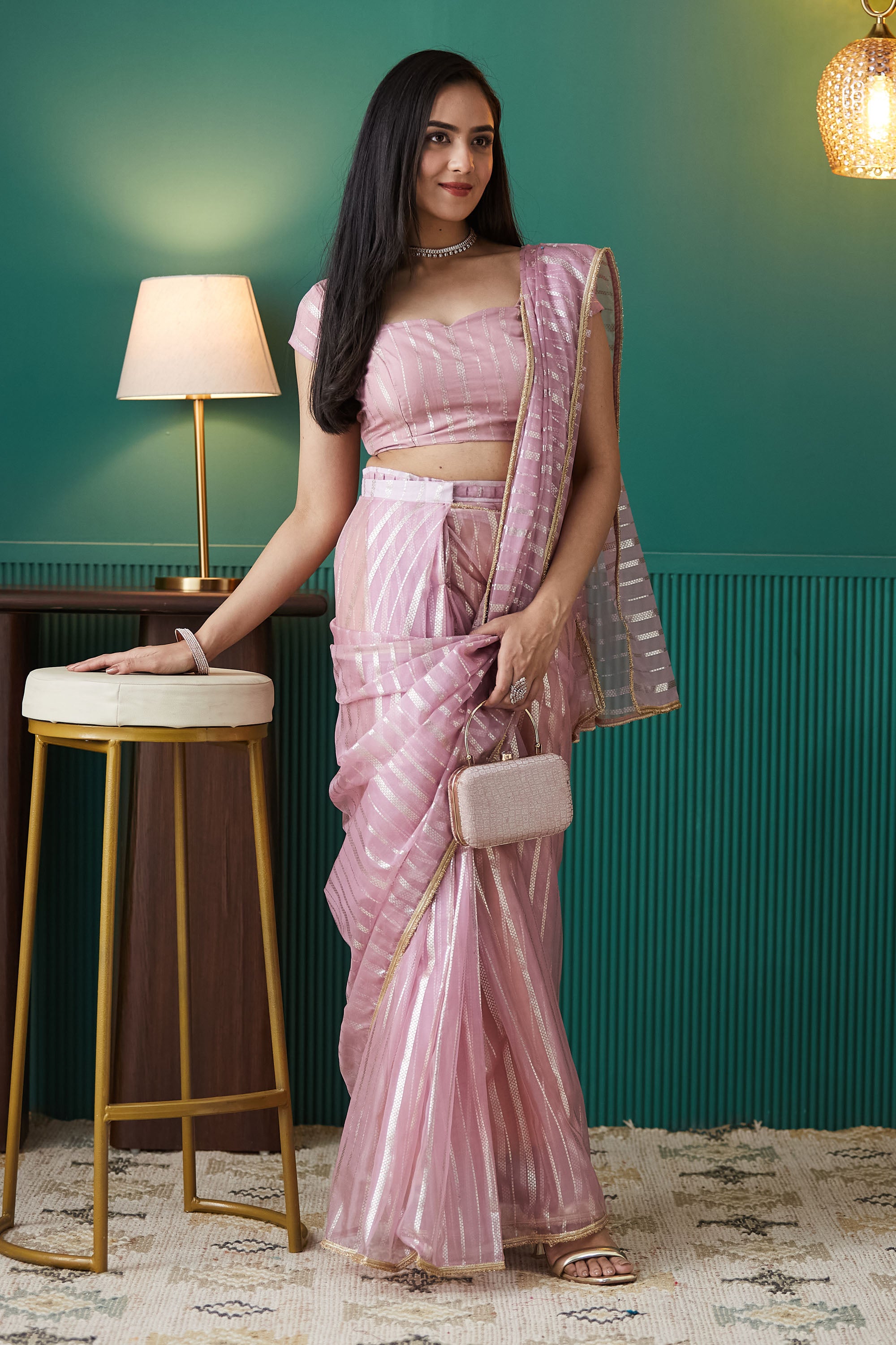 Organza Stripes Foil Print Ready To Wear Saree