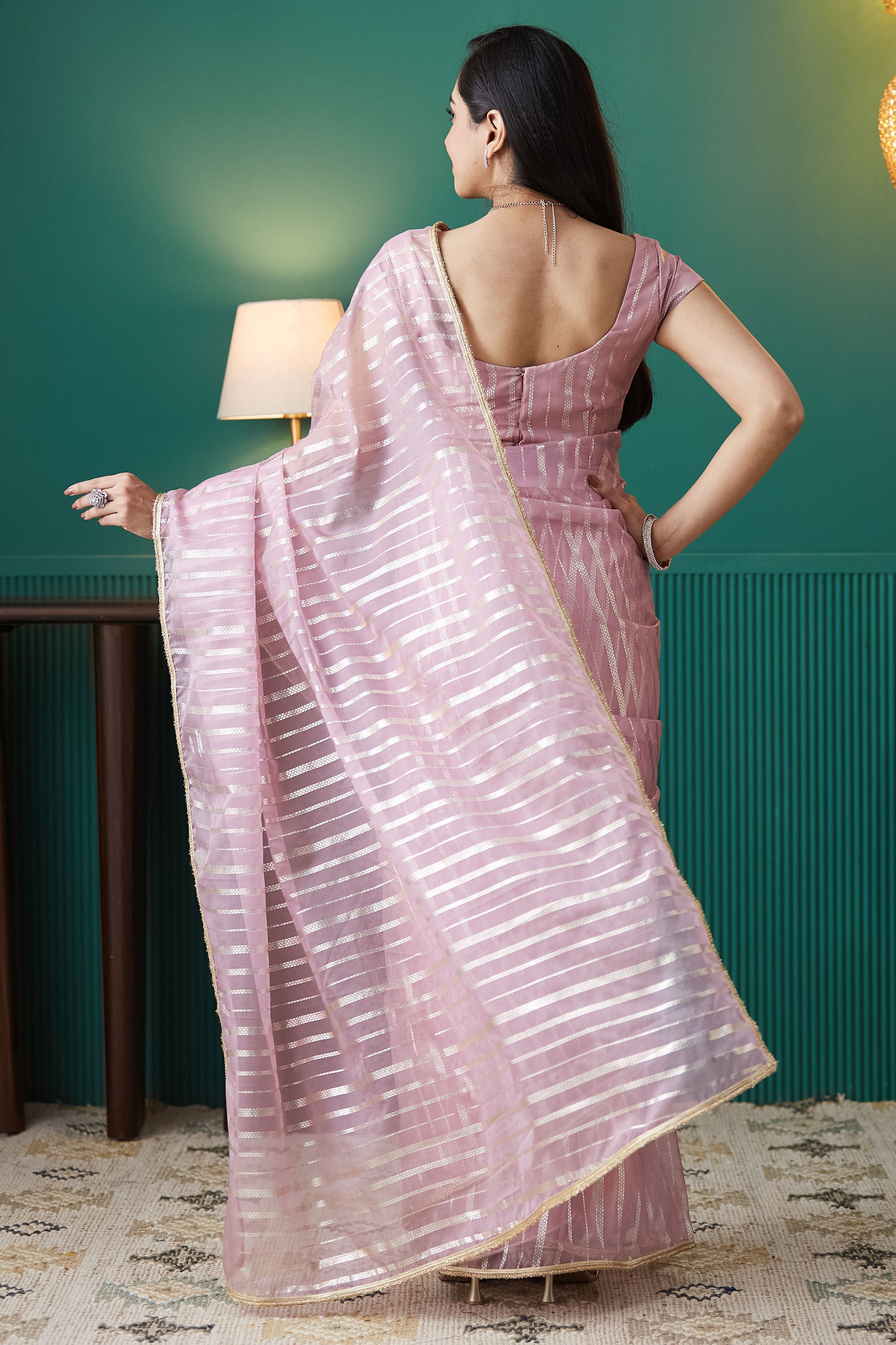 Organza Stripes Foil Print Ready To Wear Saree