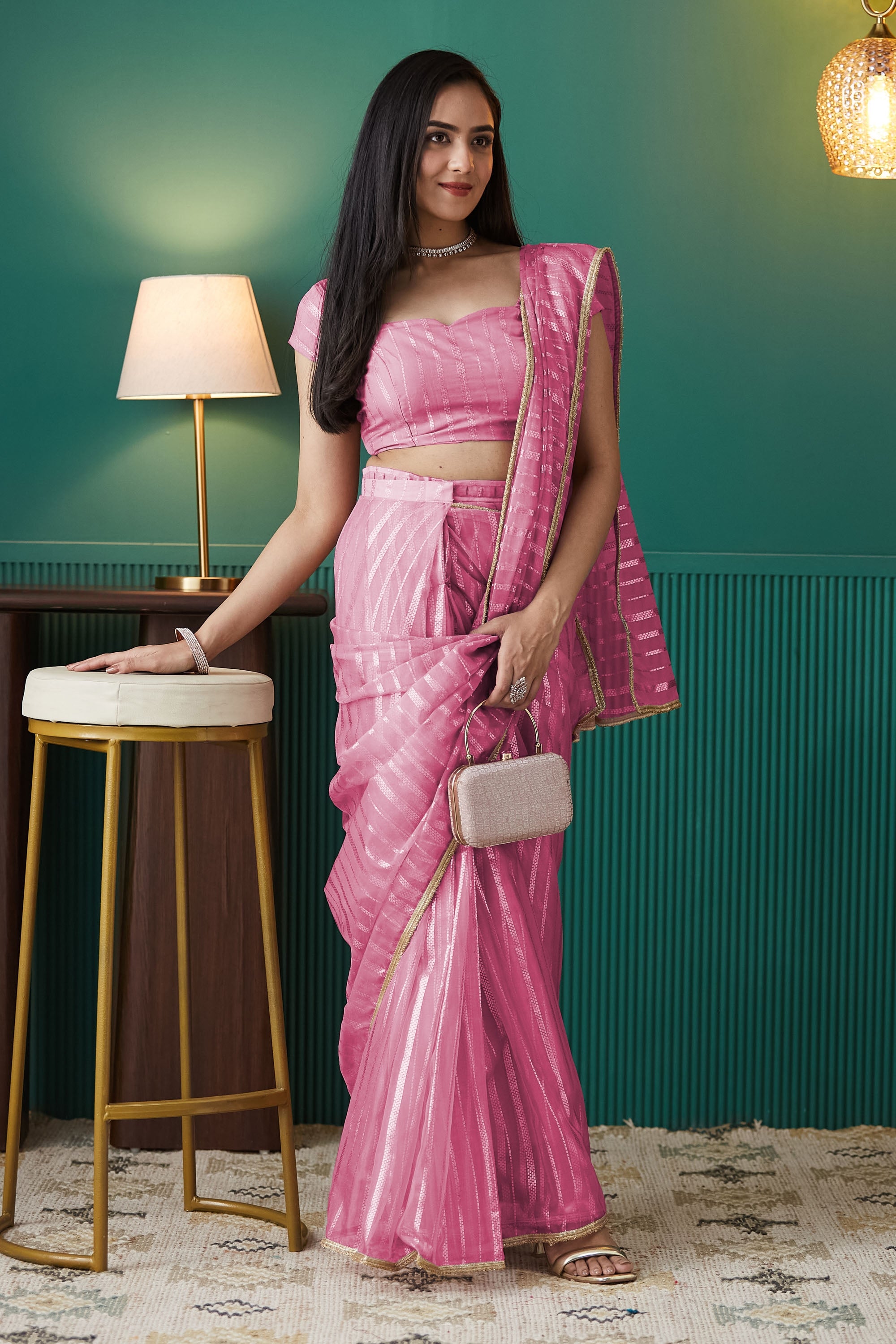 Organza Stripes Foil Print Ready To Wear Saree