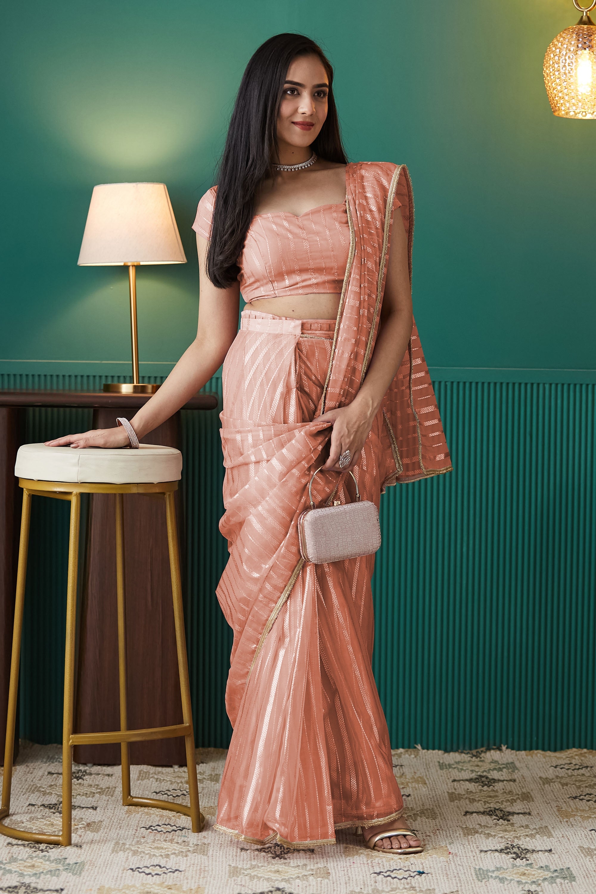 Organza Stripes Foil Print Ready To Wear Saree