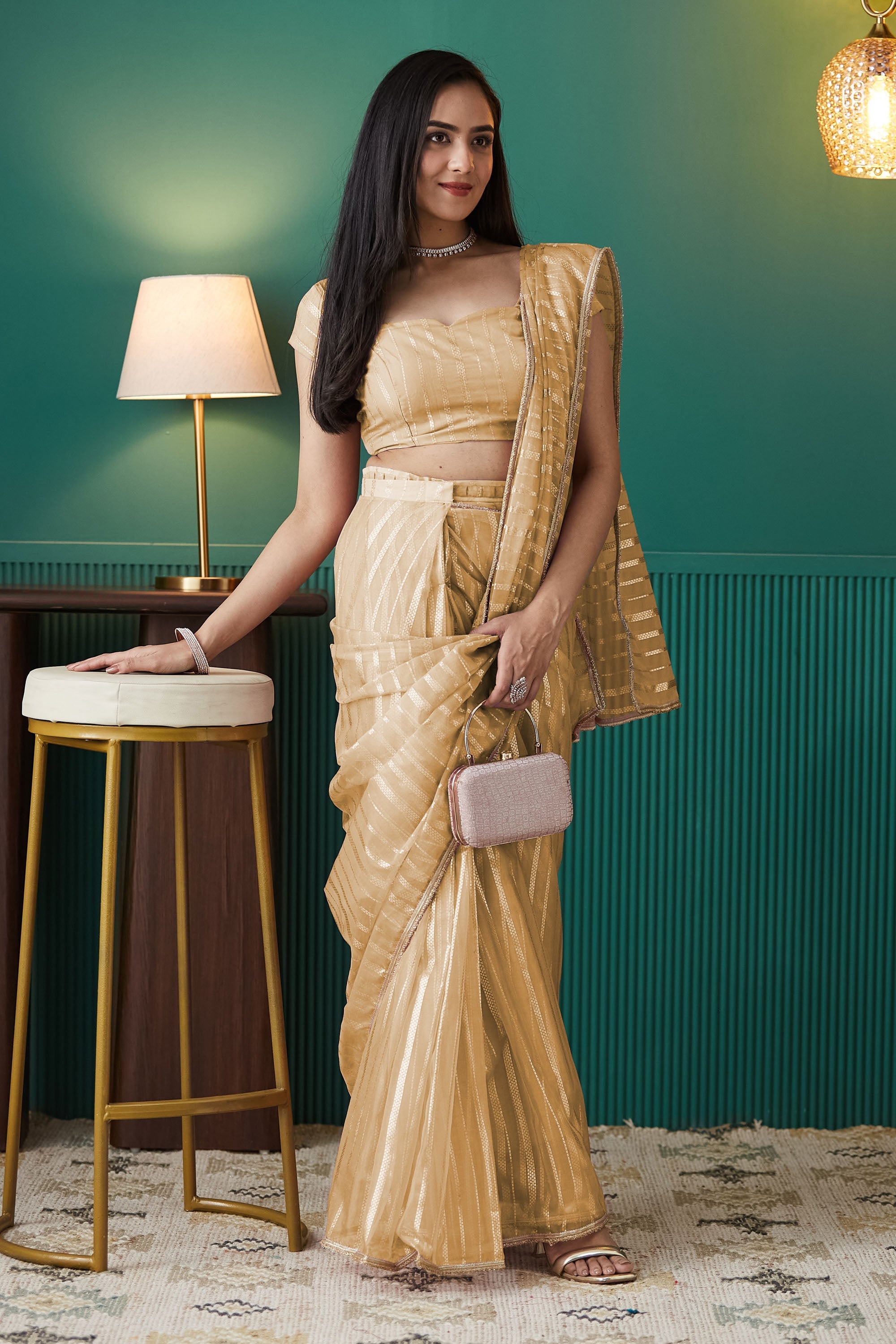 Organza Stripes Foil Print Ready To Wear Saree