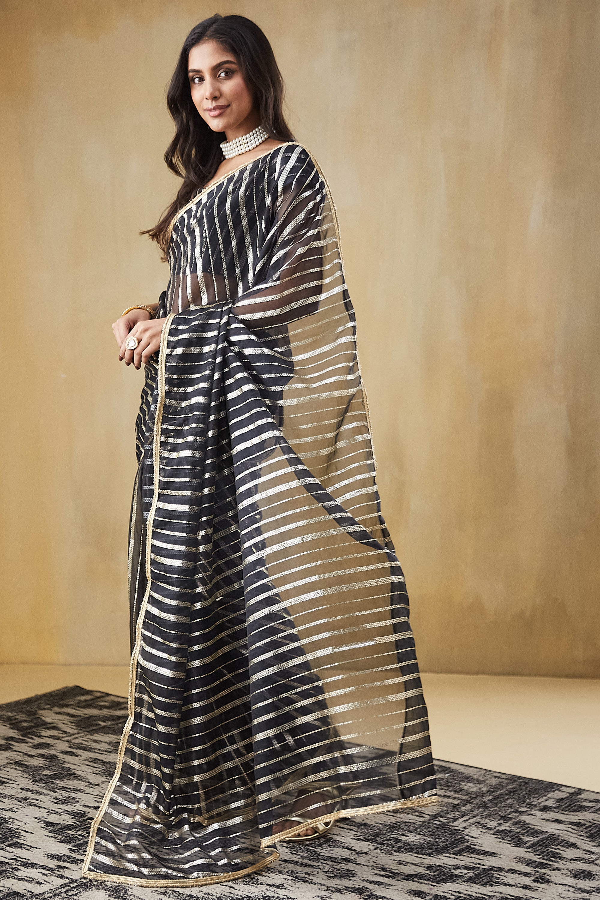 Organza Stripes Foil Print Ready To Wear Saree