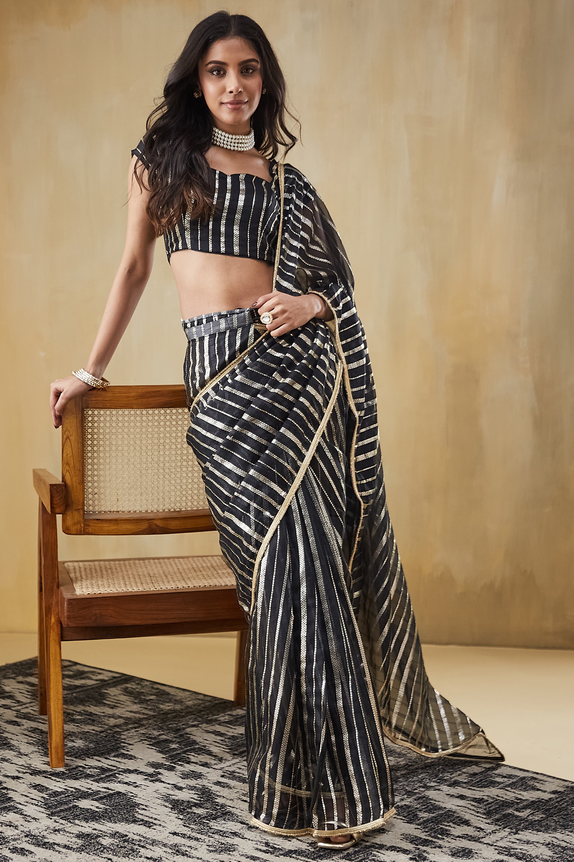 Organza Stripes Foil Print Ready To Wear Saree