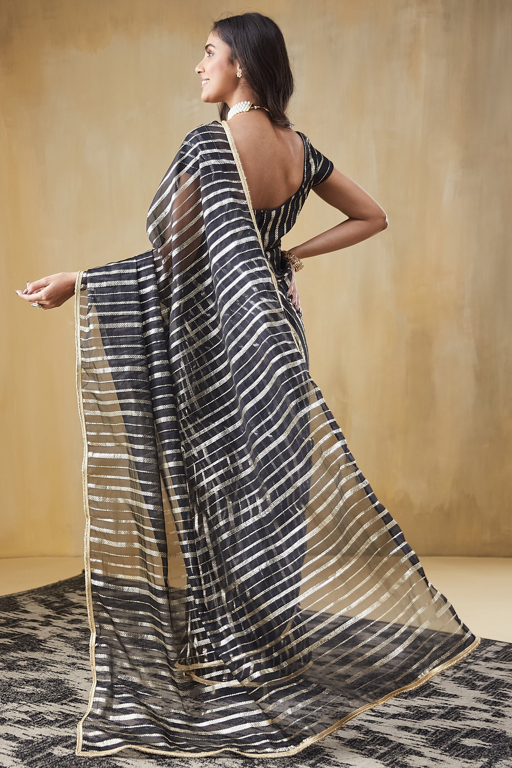 Organza Stripes Foil Print Ready To Wear Saree