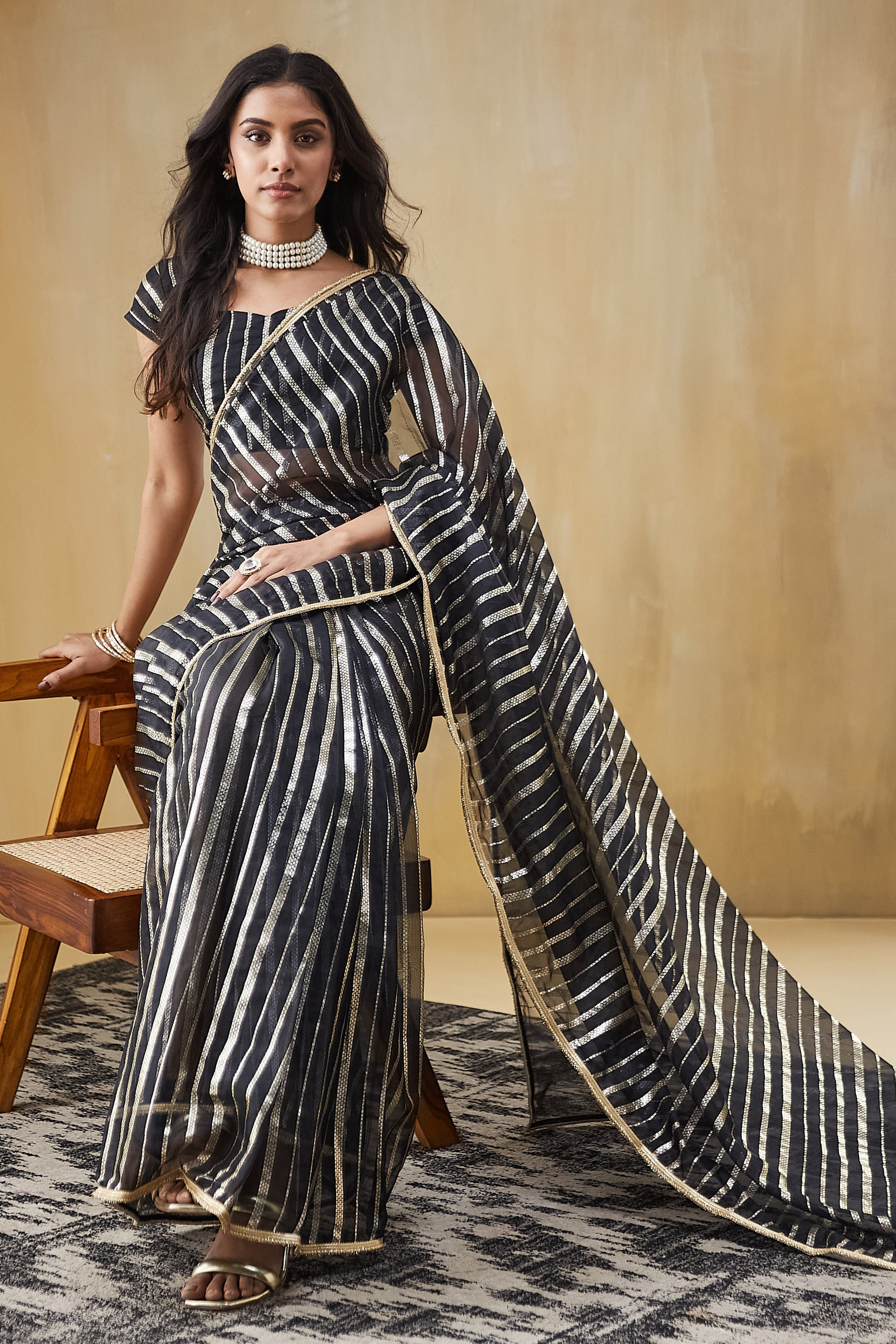 Organza Stripes Foil Print Ready To Wear Saree