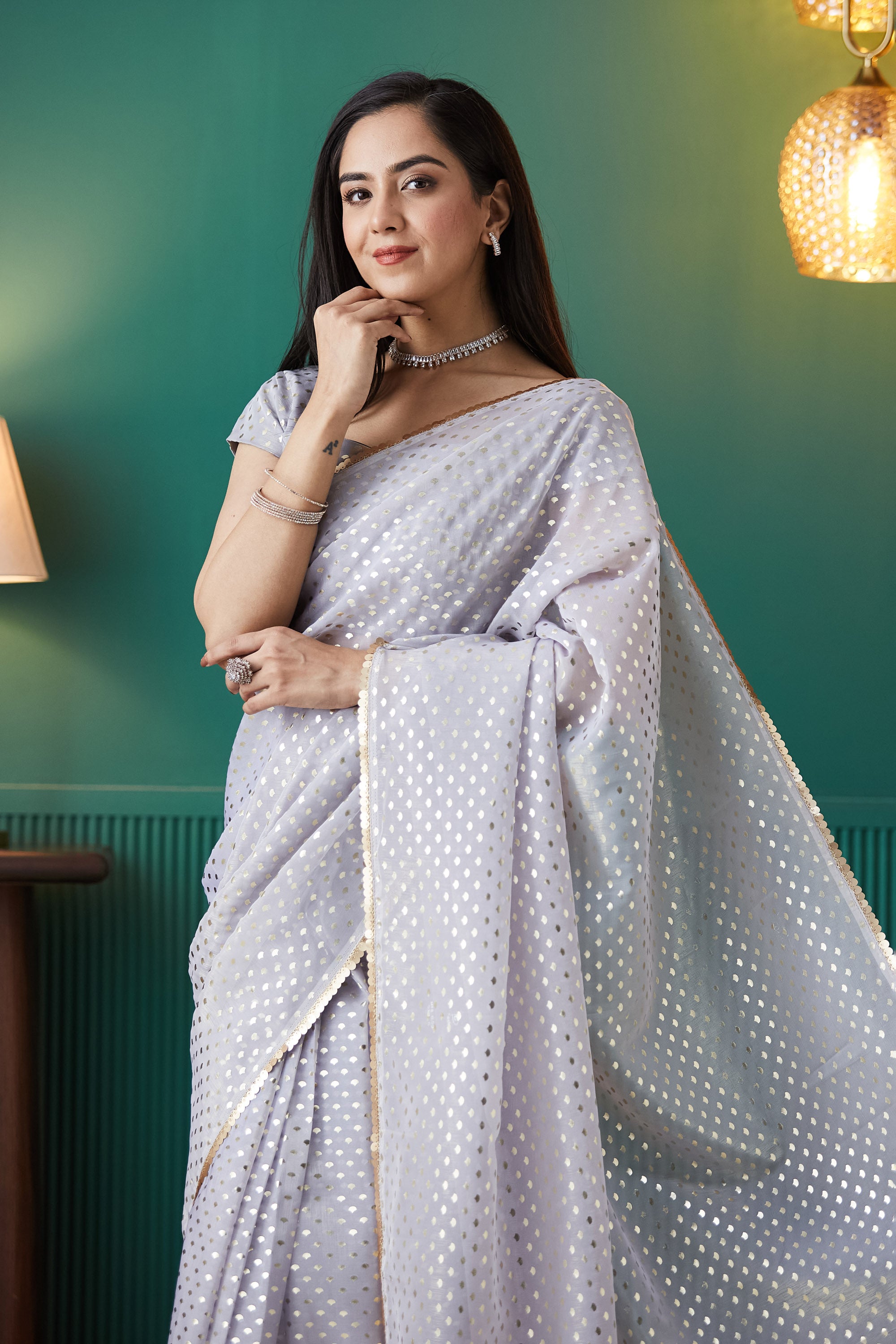 Organza Polka Foil Print Saree