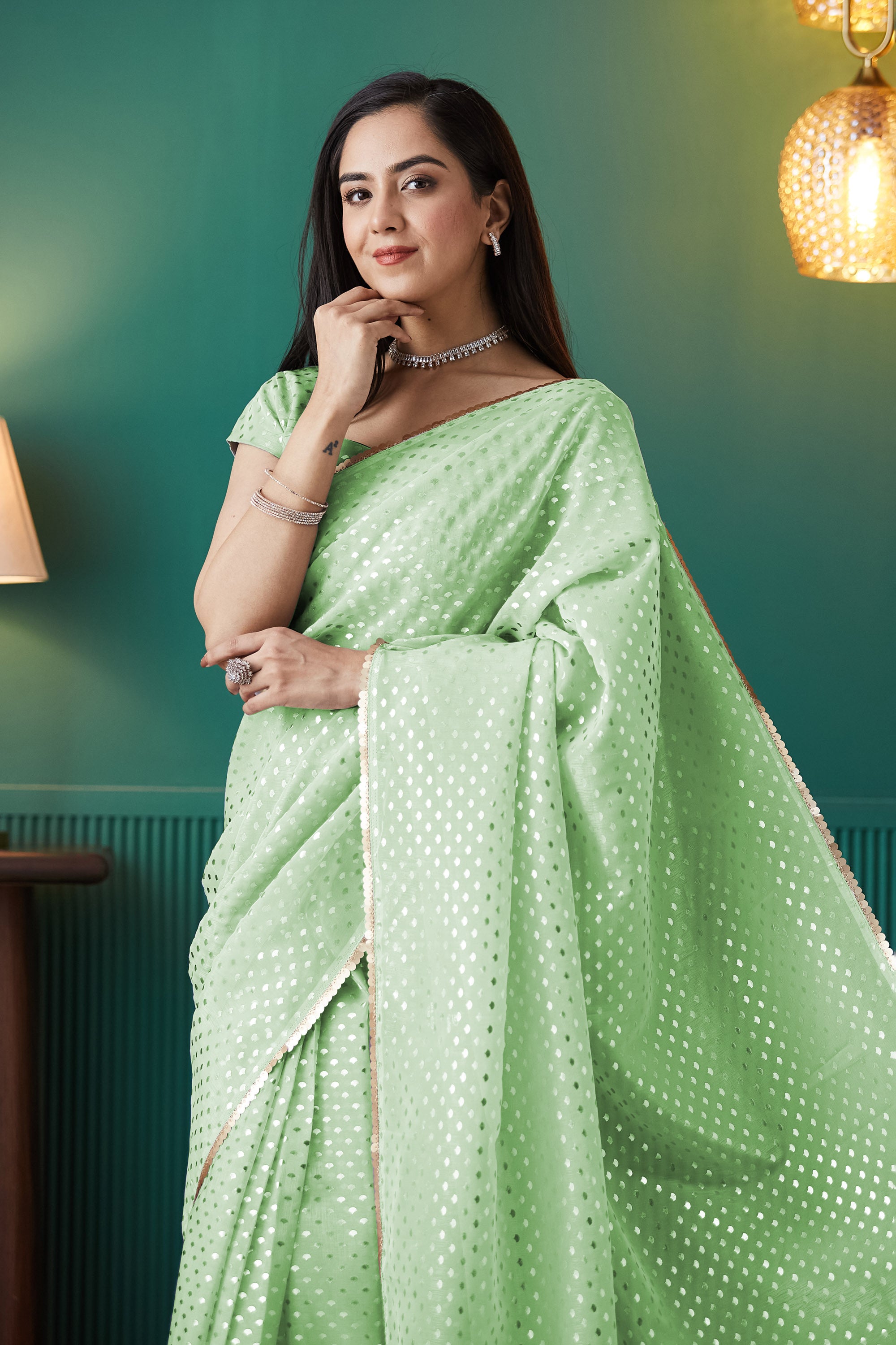 Organza Polka Foil Print Ready To Wear Saree