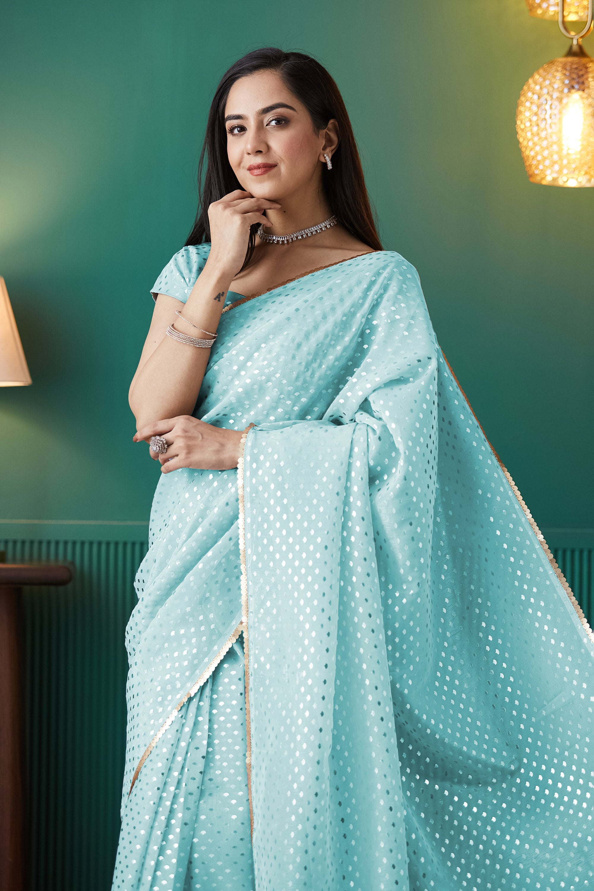 Organza Polka Foil Print Ready To Wear Saree
