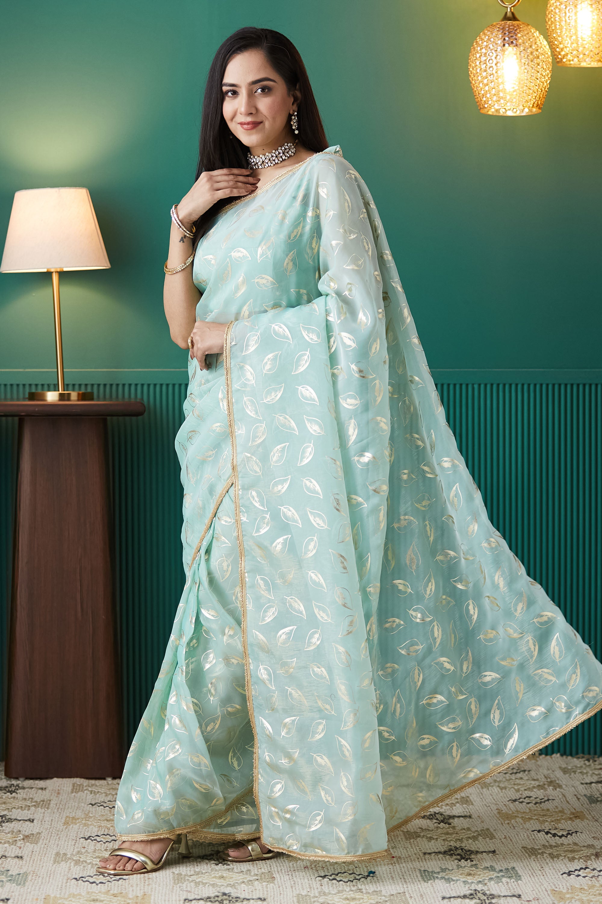 Organza Leaf Foil Print  Saree